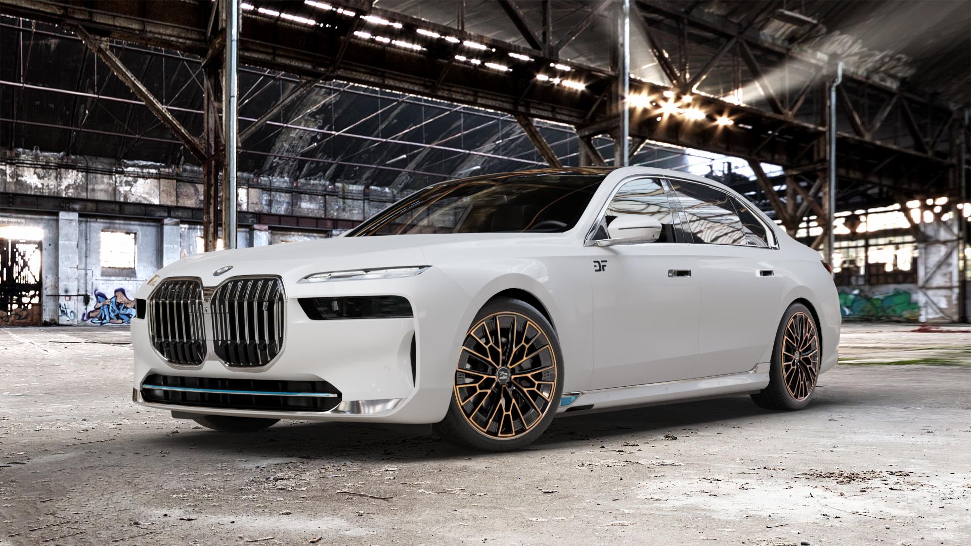 Fondmetal 1972 GLOSSY BLACK BRONZE MACHINED Felge mit Reifen schwarz in 21Zoll Winterfelge Alufelge auf weissem BMW i7 Typ G70 ⬇️ mit 15mm Tieferlegung ⬇️ Old Industrial Hall_max_5300mm_2024 Frontansicht_1