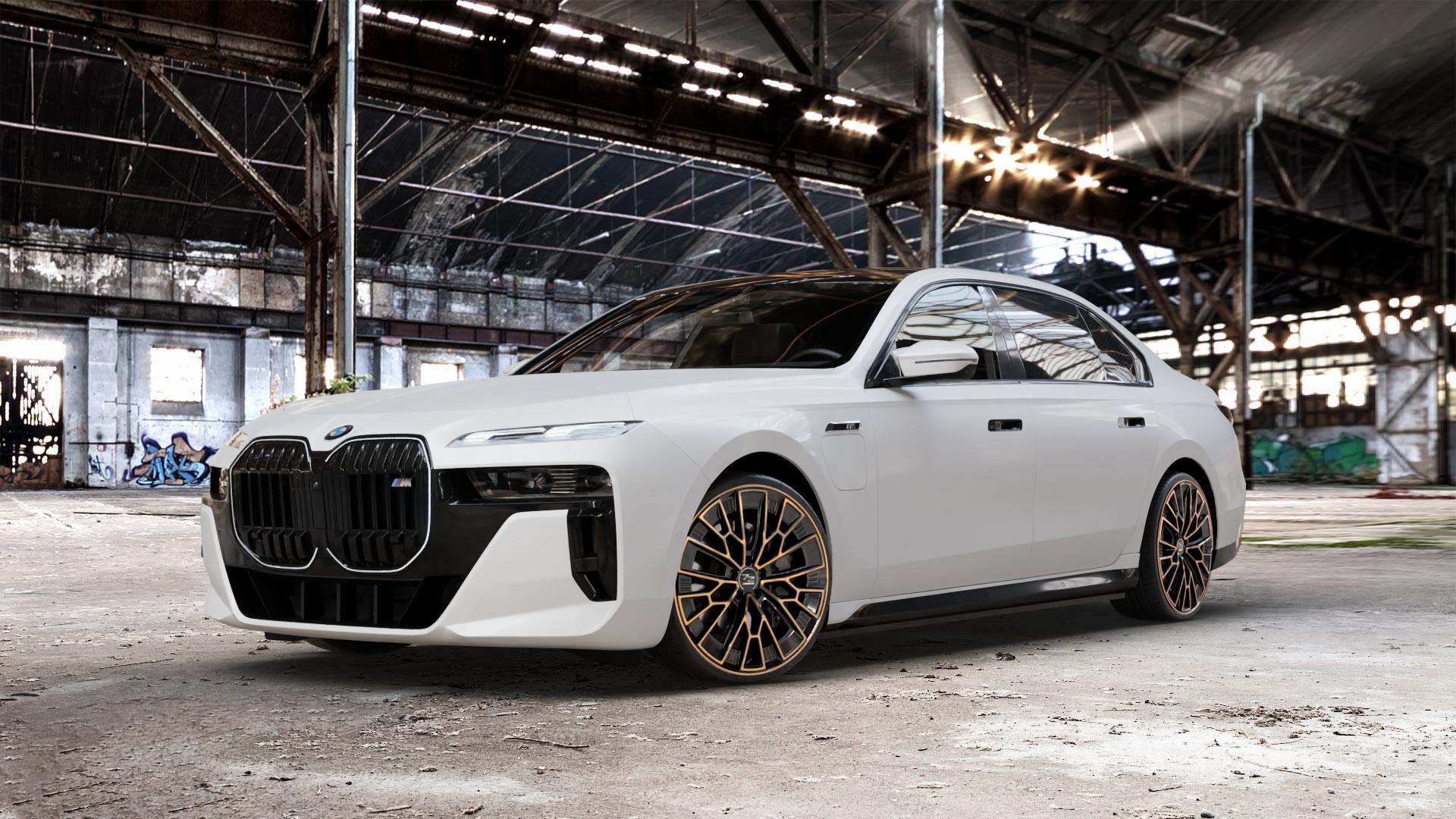 Fondmetal 1972 GLOSSY BLACK BRONZE MACHINED Felge mit Reifen schwarz in 21Zoll Winterfelge Alufelge auf weissem BMW M760e xDrive Typ G70 ⬇️ mit 15mm Tieferlegung ⬇️ Old Industrial Hall_max_5300mm_2024 Frontansicht_1
