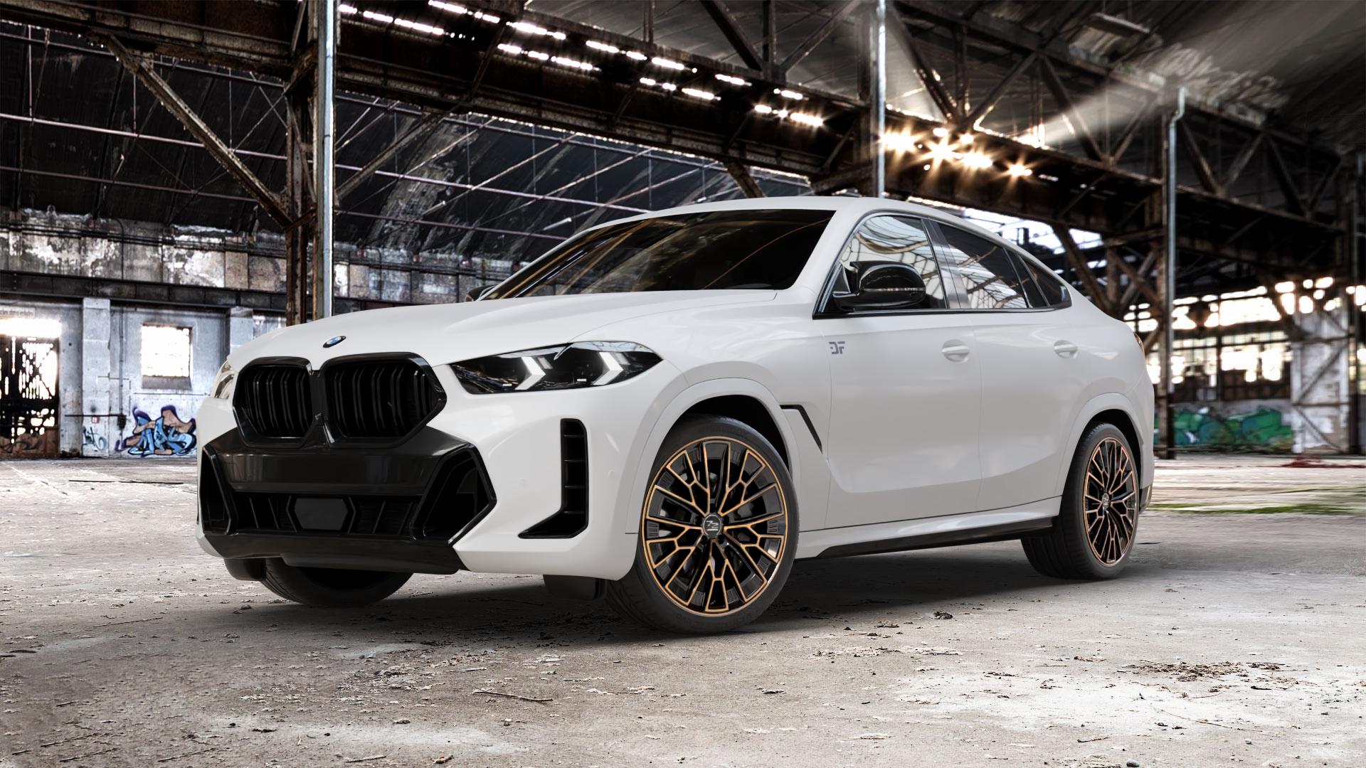 Fondmetal 1972 GLOSSY BLACK BRONZE MACHINED Felge mit Reifen schwarz in 21Zoll Winterfelge Alufelge auf weissem BMW X6 Typ G06 (G6X) Facelift ⬇️ mit 15mm Tieferlegung ⬇️ Old Industrial Hall_max_5300mm_2024 Frontansicht_1