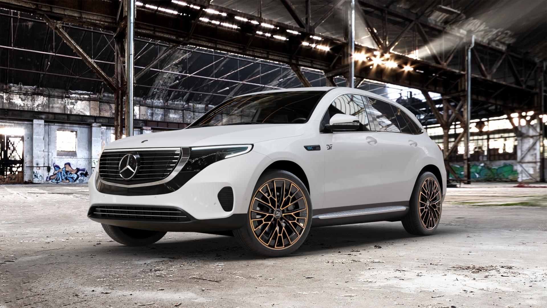 Fondmetal 1972 GLOSSY BLACK BRONZE MACHINED Felge mit Reifen schwarz in 21Zoll Winterfelge Alufelge auf weissem Mercedes EQC Typ N 293 (204 X) ⬇️ mit 15mm Tieferlegung ⬇️ Old Industrial Hall_max_5300mm_2024 Frontansicht_1