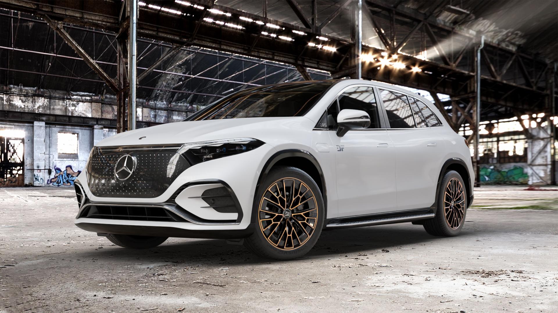 Fondmetal 1972 GLOSSY BLACK BRONZE MACHINED Felge mit Reifen schwarz in 21Zoll Winterfelge Alufelge auf weissem Mercedes EQS SUV Typ E2EQSX ⬇️ mit 15mm Tieferlegung ⬇️ Old Industrial Hall_max_5300mm_2024 Frontansicht_1