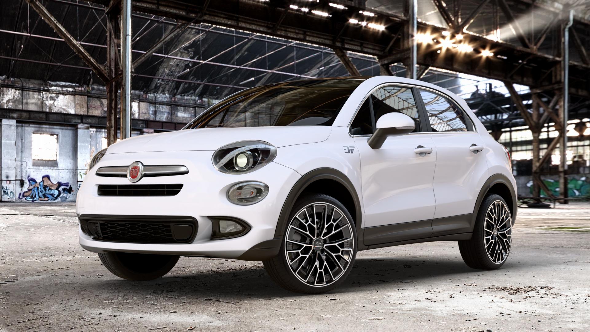 Fondmetal 1972 GLOSSY BLACK MACHINED Felge mit Reifen schwarz in 19Zoll Winterfelge Alufelge auf weissem Fiat 500 X City Off-Road Typ 334 Facelift ⬇️ mit 15mm Tieferlegung ⬇️ Old Industrial Hall_max_4400mm_2024 Frontansicht_1