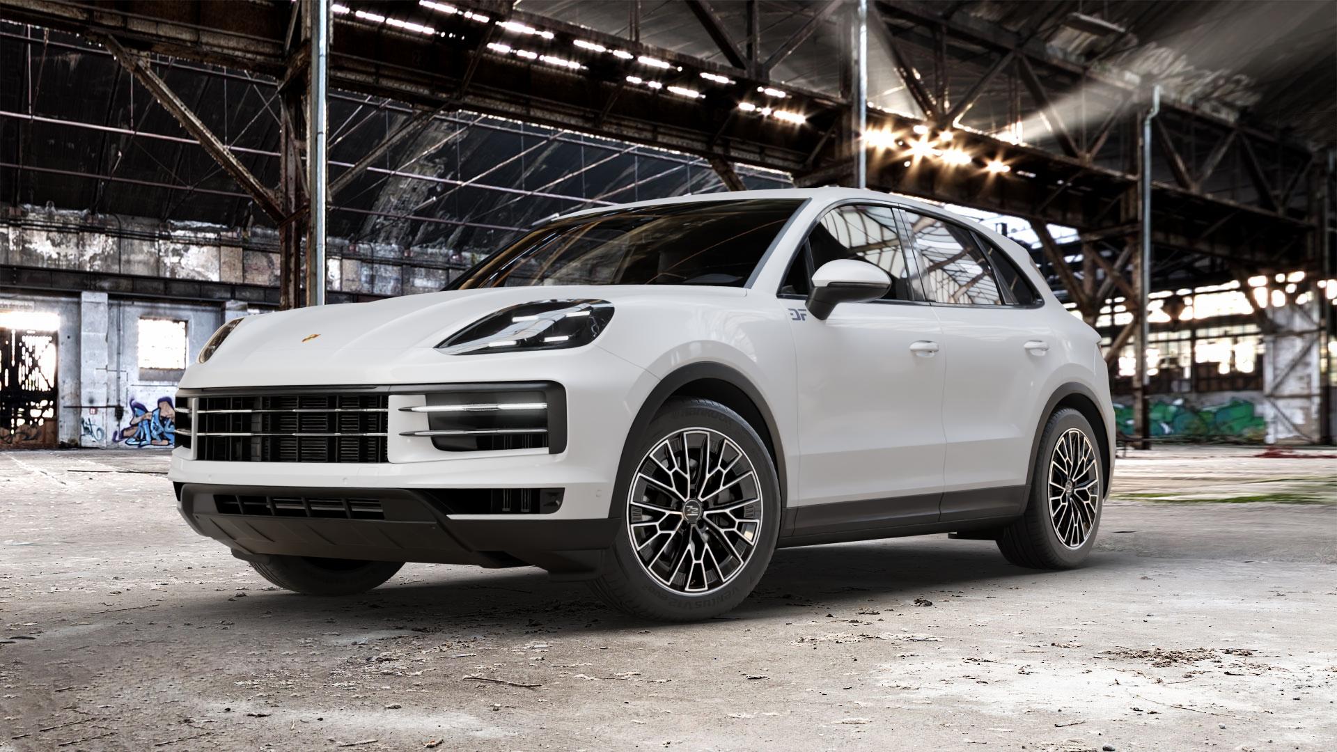 Fondmetal 1972 GLOSSY BLACK MACHINED Felge mit Reifen schwarz in 20Zoll Winterfelge Alufelge auf weissem Porsche Cayenne III Typ 9YA Facelift ⬇️ mit 15mm Tieferlegung ⬇️ Old Industrial Hall_max_5300mm_2024 Frontansicht_1