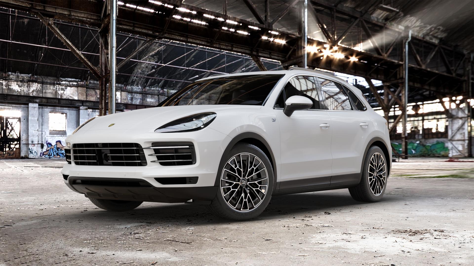 Fondmetal 1972 GLOSSY BLACK MACHINED Felge mit Reifen schwarz in 20Zoll Winterfelge Alufelge auf weissem Porsche Cayenne III Typ 9YA ⬇️ mit 15mm Tieferlegung ⬇️ Old Industrial Hall_max_5300mm_2024 Frontansicht_1