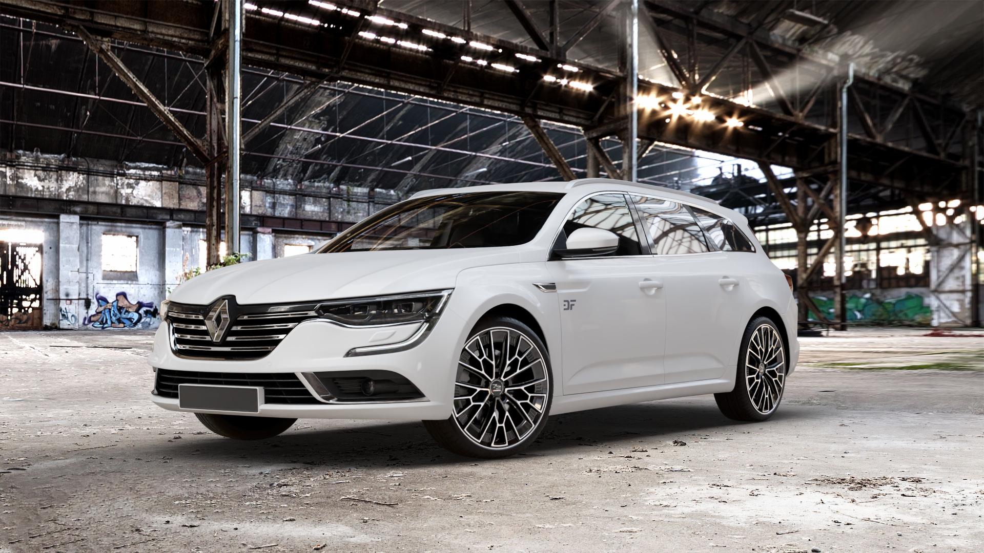 Fondmetal 1972 GLOSSY BLACK MACHINED Felge mit Reifen schwarz in 20Zoll Winterfelge Alufelge auf weissem Renault Talisman Grandtour Typ RFD ⬇️ mit 15mm Tieferlegung ⬇️ Old Industrial Hall_max_5300mm_2024 Frontansicht_1