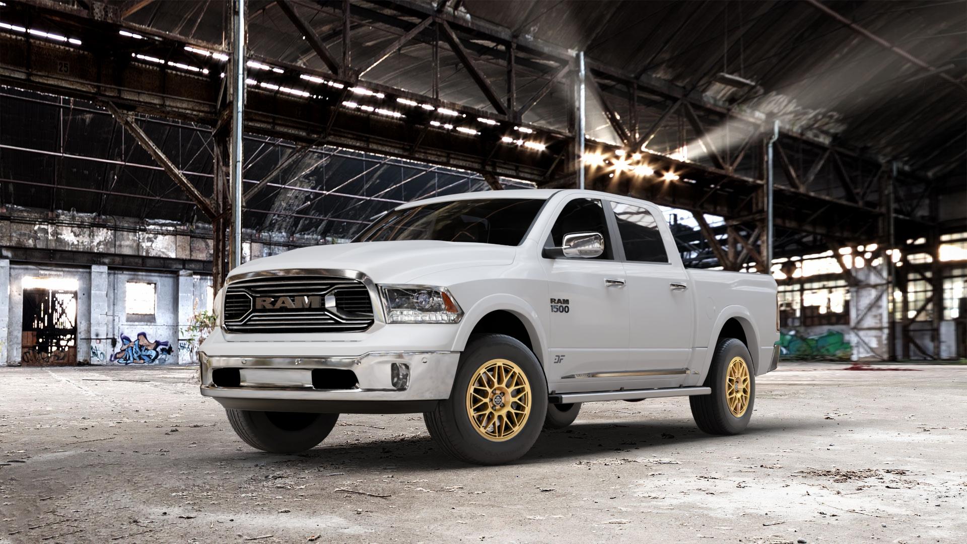 Fondmetal 9EVO GLOSSY GOLD Felge mit Reifen in 17Zoll Winterfelge Alufelge auf weissem Dodge RAM 1500 IV Typ DJ, DS ⬇️ mit 15mm Tieferlegung ⬇️ Old Industrial Hall_max_7000mm_2024 Frontansicht_1