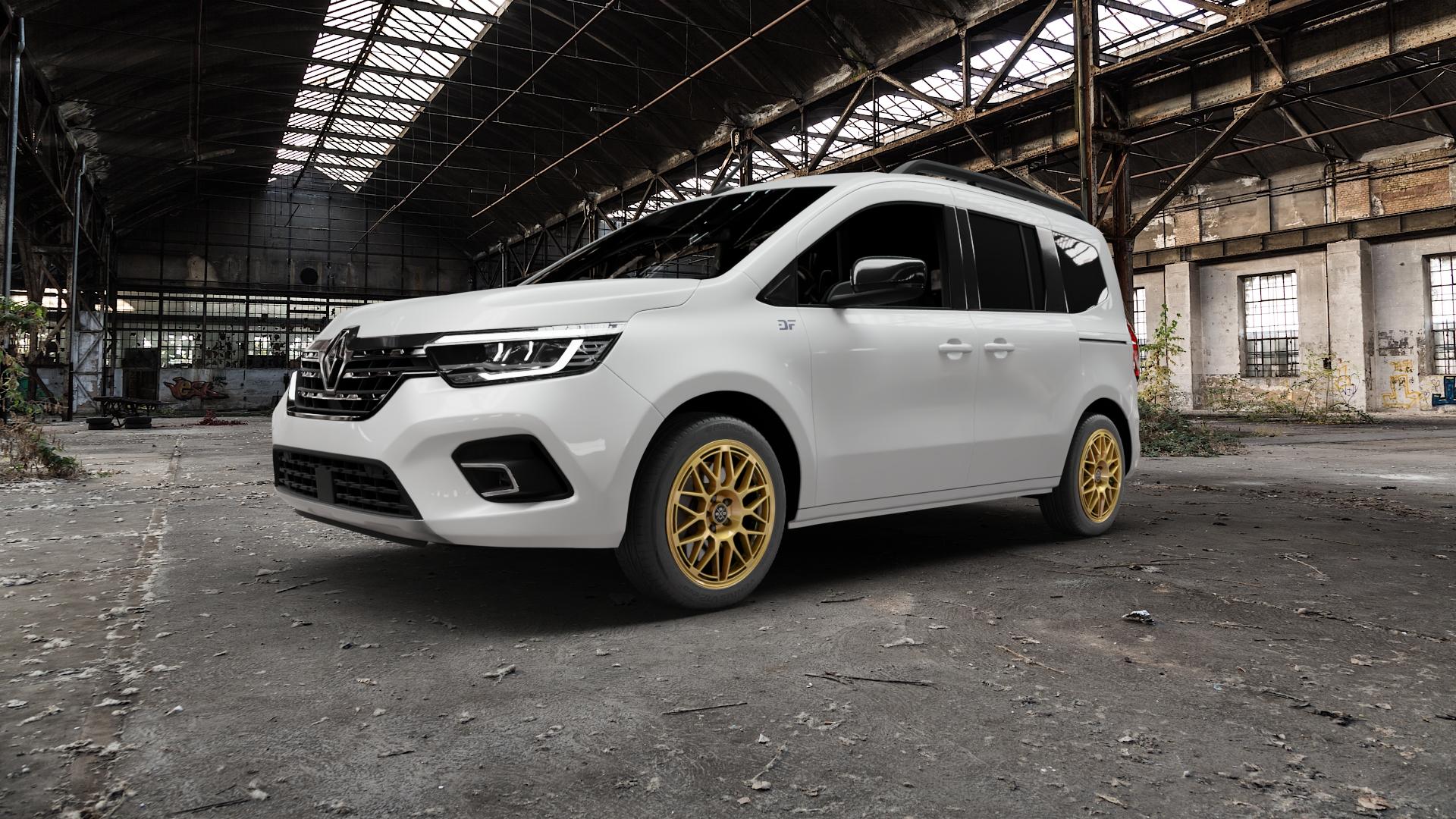Fondmetal 9EVO GLOSSY GOLD Felge mit Reifen in 17Zoll Winterfelge Alufelge auf weissem Renault Kangoo III Typ RFK ⬇️ mit 15mm Tieferlegung ⬇️ Old Industrial Hall_max5000mm_2022 Frontansicht_1