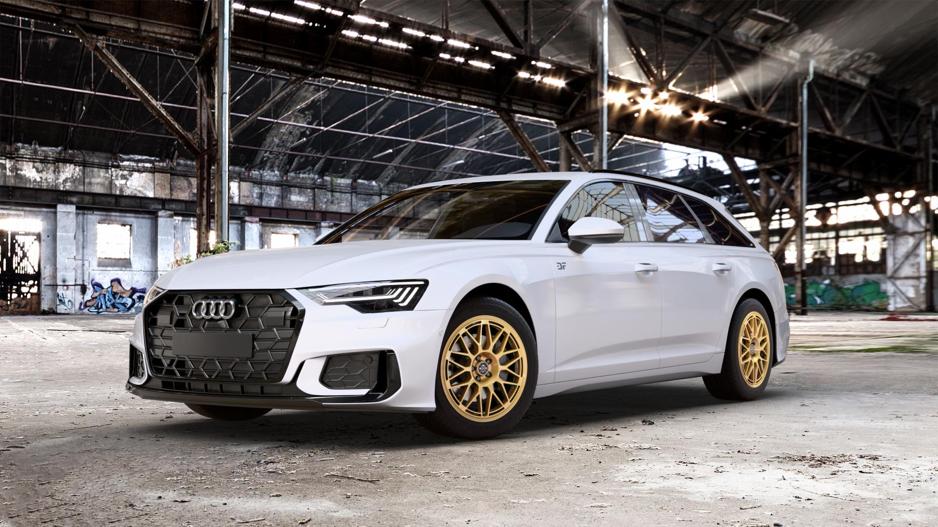Fondmetal 9EVO GLOSSY GOLD Felge mit Reifen in 18Zoll Winterfelge Alufelge auf weissem Audi A6 Typ F2/C8 (Avant) Facelift 2,0l 35 TDI 120kW Mild-Hybrid (163 PS) 40 150kW (204 quattro TFSI 3,0l 45 180kW (245 195kW (265 50 210kW (286 e Hybrid 55 250k ⬇️ mit 15mm Tieferlegung ⬇️ Old Industrial Hall_max_5300mm_2024 Frontansicht_1