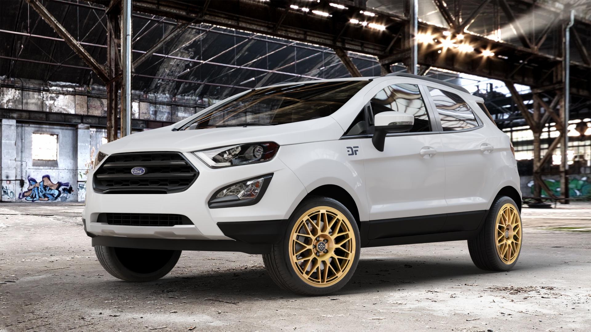Fondmetal 9EVO GLOSSY GOLD Felge mit Reifen in 18Zoll Winterfelge Alufelge auf weissem Ford EcoSport Typ JK8 Facelift ⬇️ mit 15mm Tieferlegung ⬇️ Old Industrial Hall_max_4400mm_2024 Frontansicht_1