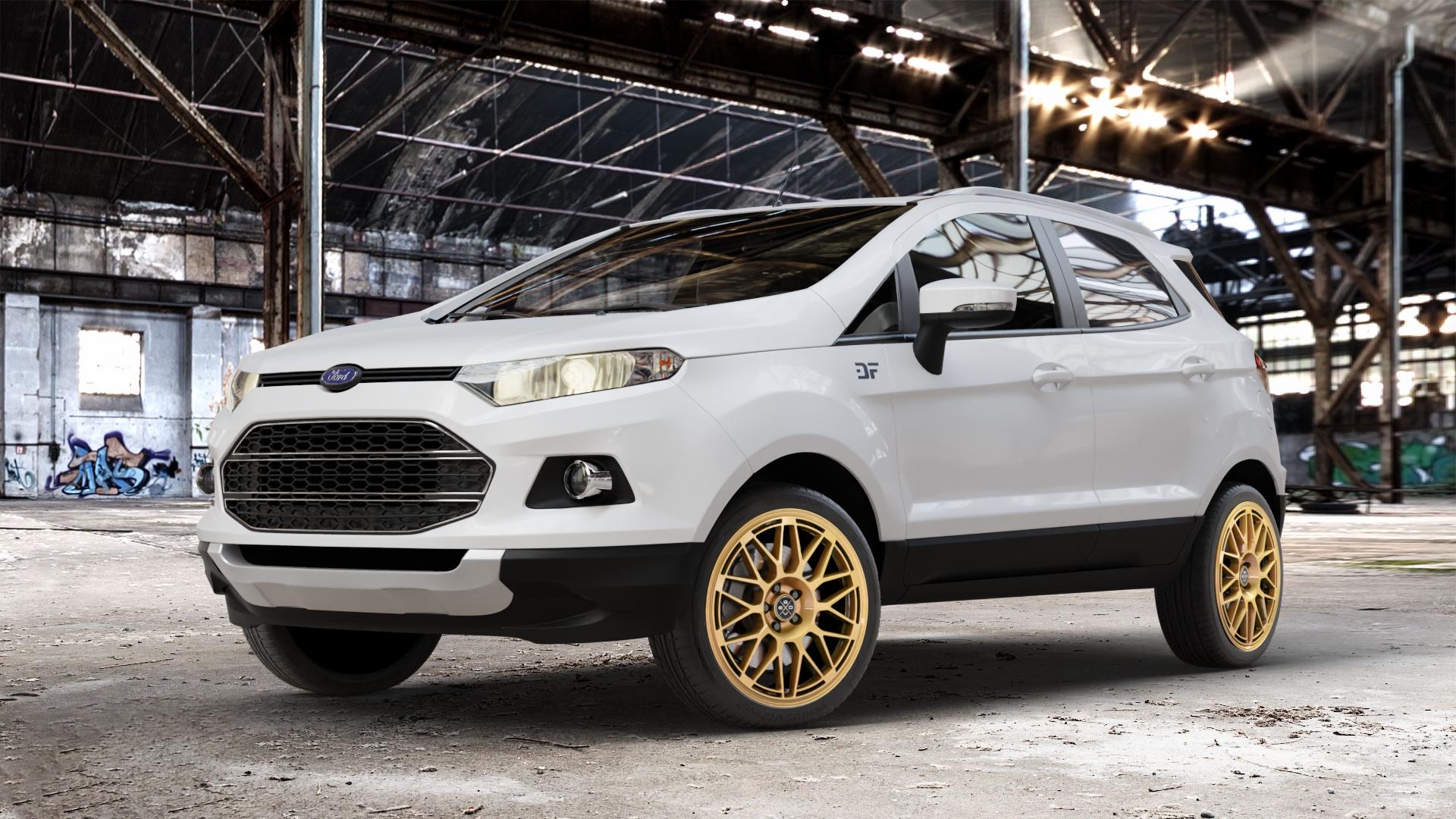 Fondmetal 9EVO GLOSSY GOLD Felge mit Reifen in 18Zoll Winterfelge Alufelge auf weissem Ford EcoSport Typ JK8 ⬇️ mit 15mm Tieferlegung ⬇️ Old Industrial Hall_max_4400mm_2024 Frontansicht_1