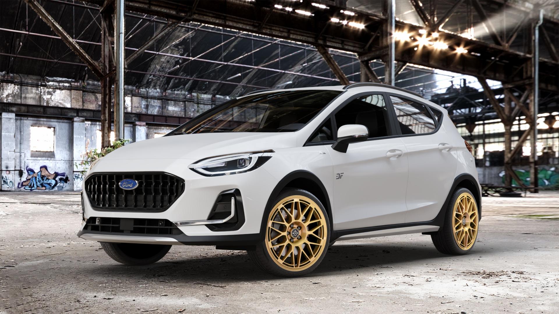 Fondmetal 9EVO GLOSSY GOLD Felge mit Reifen in 18Zoll Winterfelge Alufelge auf weissem Ford Fiesta VII Typ JHH Active Facelift ⬇️ mit 15mm Tieferlegung ⬇️ Old Industrial Hall_max_4400mm_2024 Frontansicht_1