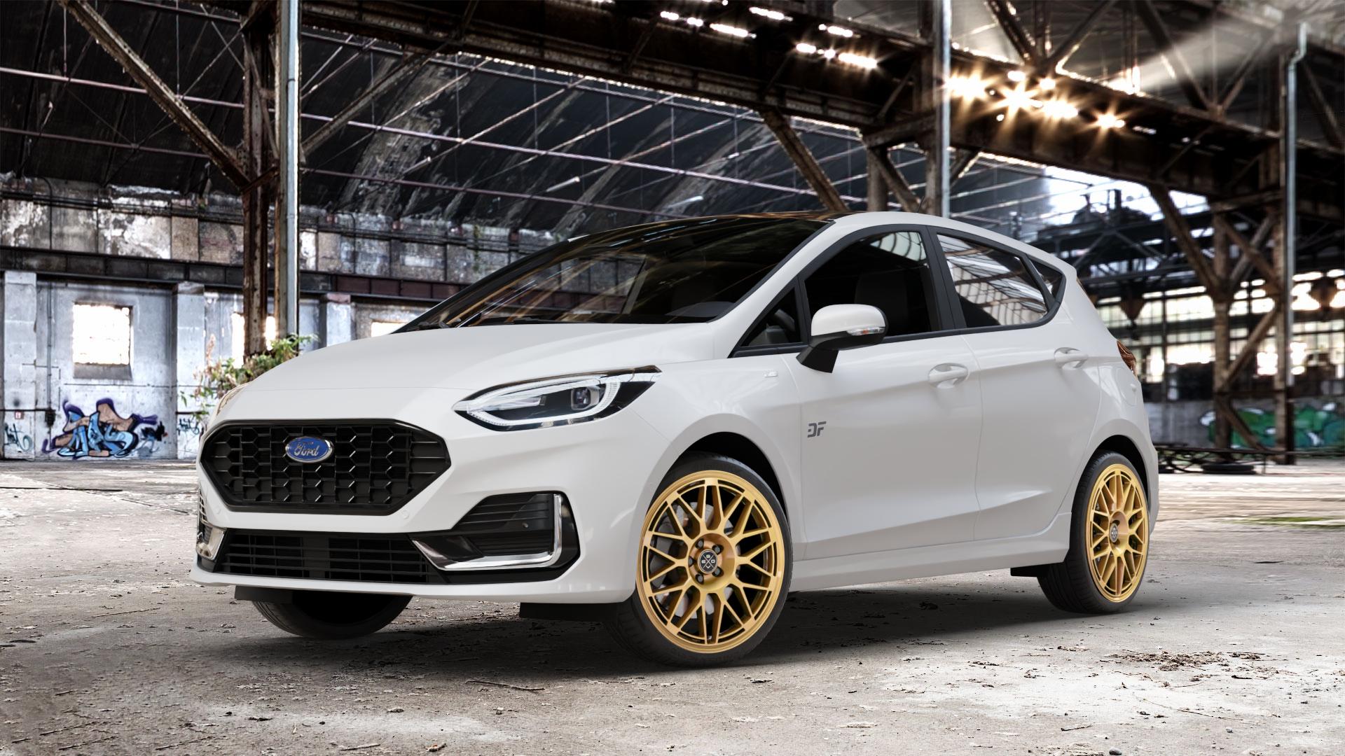 Fondmetal 9EVO GLOSSY GOLD Felge mit Reifen in 18Zoll Winterfelge Alufelge auf weissem Ford Fiesta VII Typ JHH Facelift 1,0l EcoBoost 74kW (101 PS) 92kW (125 Mild-Hybrid 114kW (155 1,1l 55kW (75 ⬇️ mit 15mm Tieferlegung ⬇️ Old Industrial Hall_max_4400mm_2024 Frontansicht_1