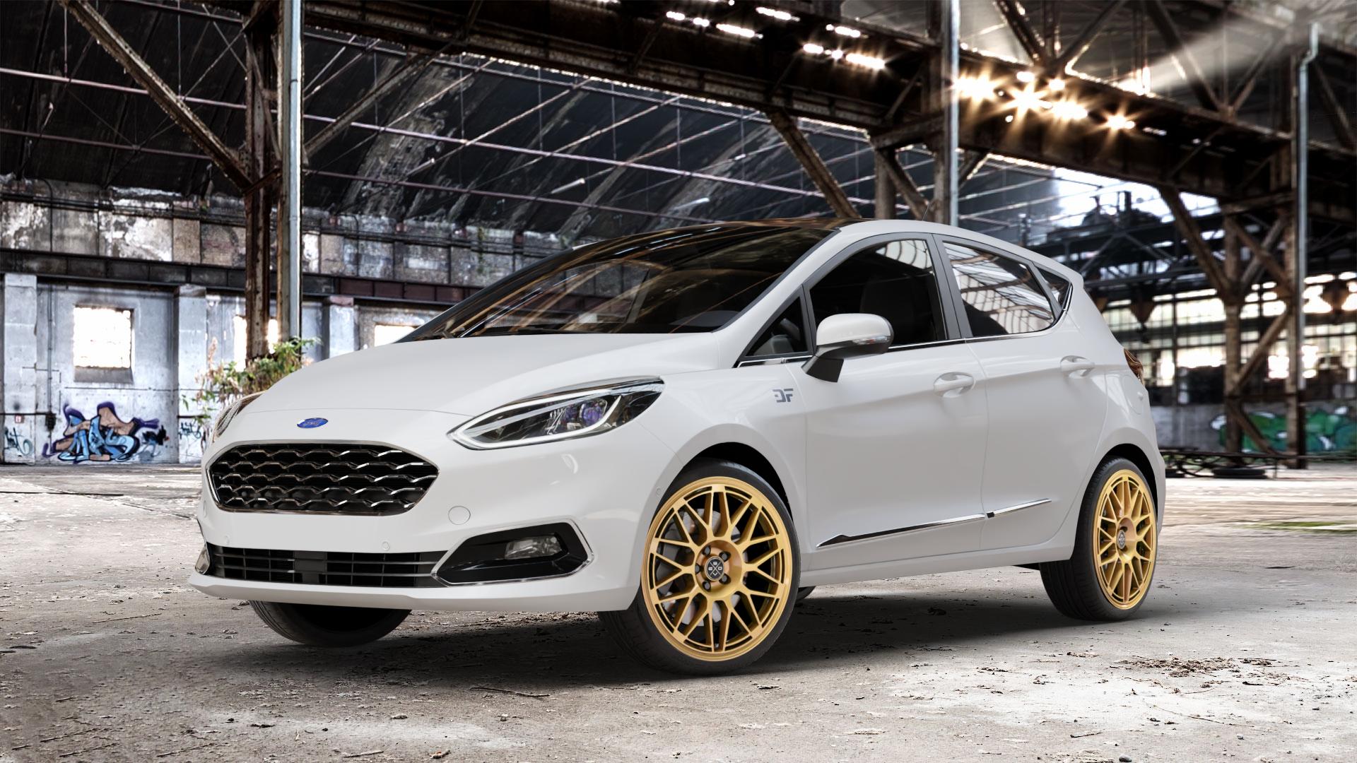Fondmetal 9EVO GLOSSY GOLD Felge mit Reifen in 18Zoll Winterfelge Alufelge auf weissem Ford Fiesta VII Typ JHH ⬇️ mit 15mm Tieferlegung ⬇️ Old Industrial Hall_max_4400mm_2024 Frontansicht_1