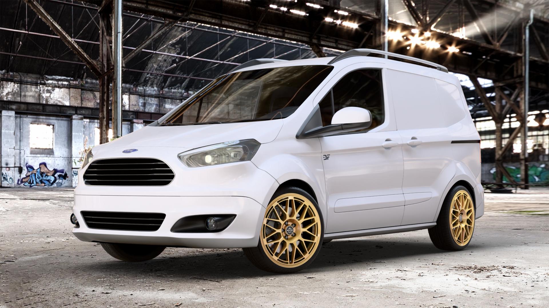 Fondmetal 9EVO GLOSSY GOLD Felge mit Reifen in 18Zoll Winterfelge Alufelge auf weissem Ford Transit Courier Typ JN8 (14->) JU2 ⬇️ mit 15mm Tieferlegung ⬇️ Old Industrial Hall_max_4400mm_2024 Frontansicht_1