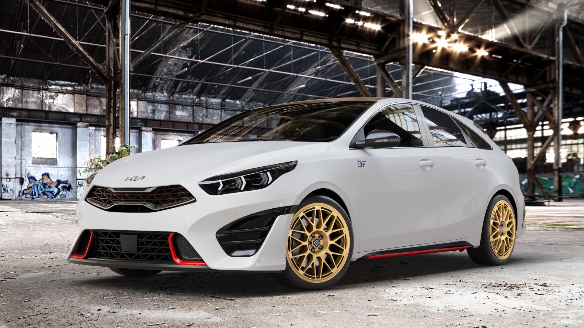 Fondmetal 9EVO GLOSSY GOLD Felge mit Reifen in 18Zoll Winterfelge Alufelge auf weissem Kia ProCeed Typ CD Facelift Pro Cee d ⬇️ mit 15mm Tieferlegung ⬇️ Old Industrial Hall_max_4400mm_2024 Frontansicht_1