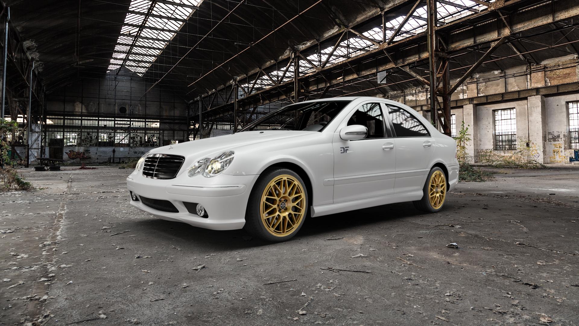 Fondmetal 9EVO GLOSSY GOLD Felge mit Reifen in 18Zoll Winterfelge Alufelge auf weissem Mercedes C-Klasse Typ W203 Limousine ⬇️ mit 15mm Tieferlegung ⬇️ Old Industrial Hall_max5000mm_2022 Frontansicht_1