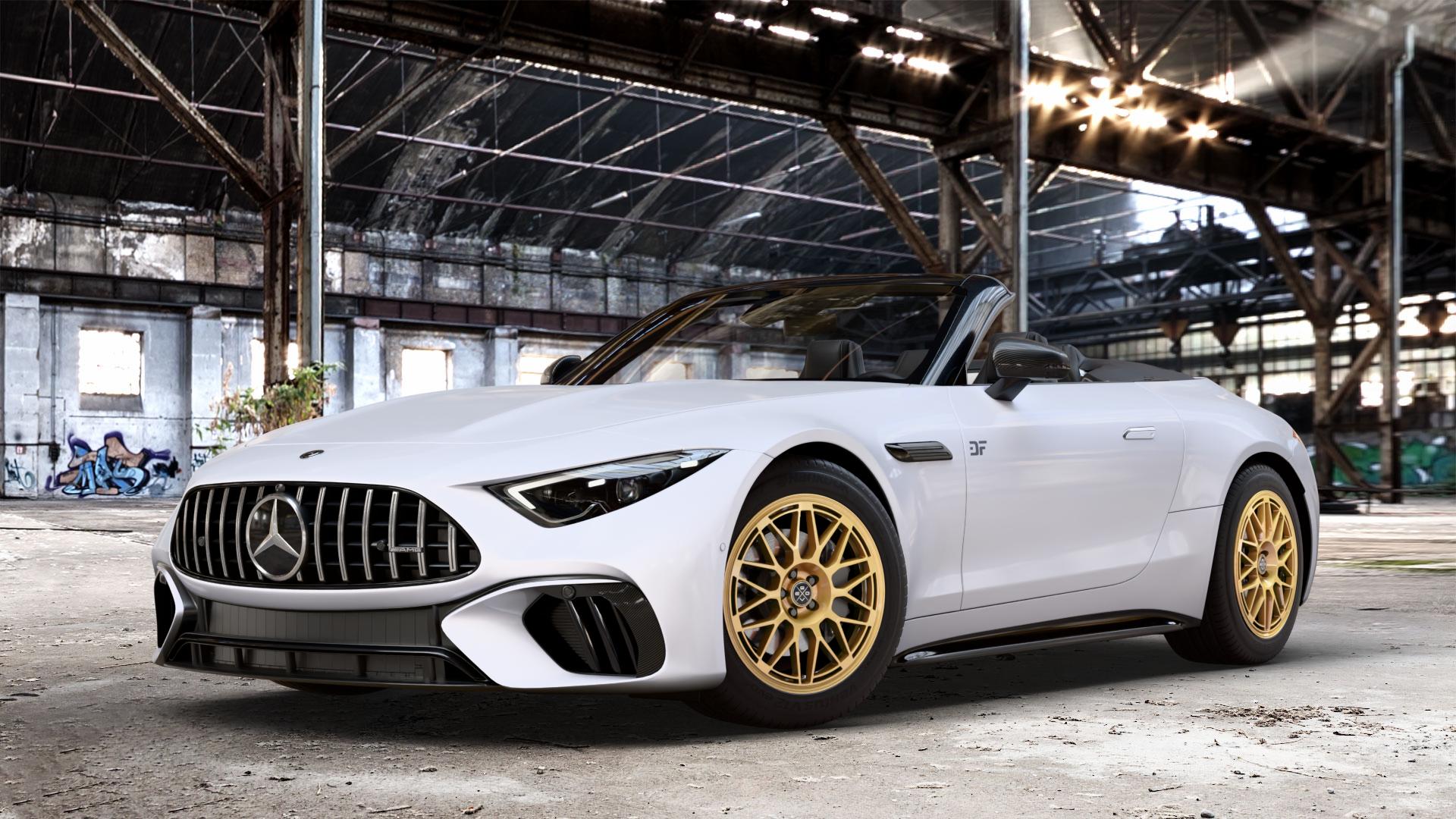 Fondmetal 9EVO GLOSSY GOLD Felge mit Reifen in 18Zoll Winterfelge Alufelge auf weissem Mercedes SL Typ R232 2,0l 43 280kW Mild-Hybrid (381 PS) 4,0l 55 4MATIC+ 350kW (476 63 430kW (585 ⬇️ mit 15mm Tieferlegung ⬇️ Old Industrial Hall_max_4400mm_2024 Frontansicht_1