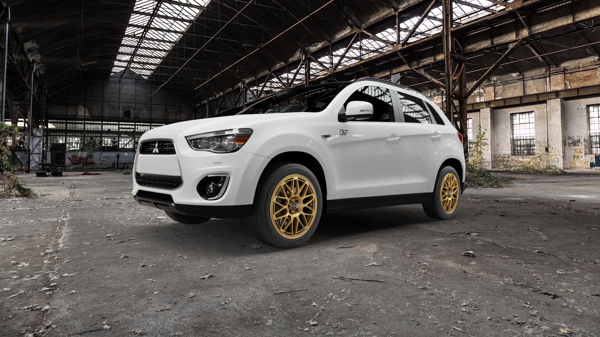 Fondmetal 9EVO GLOSSY GOLD Felge mit Reifen in 18Zoll Winterfelge Alufelge auf weissem Mitsubishi ASX Typ GA0 Facelift 12-> ⬇️ mit 15mm Tieferlegung ⬇️ Old Industrial Hall_max5000mm_2022 Frontansicht_1