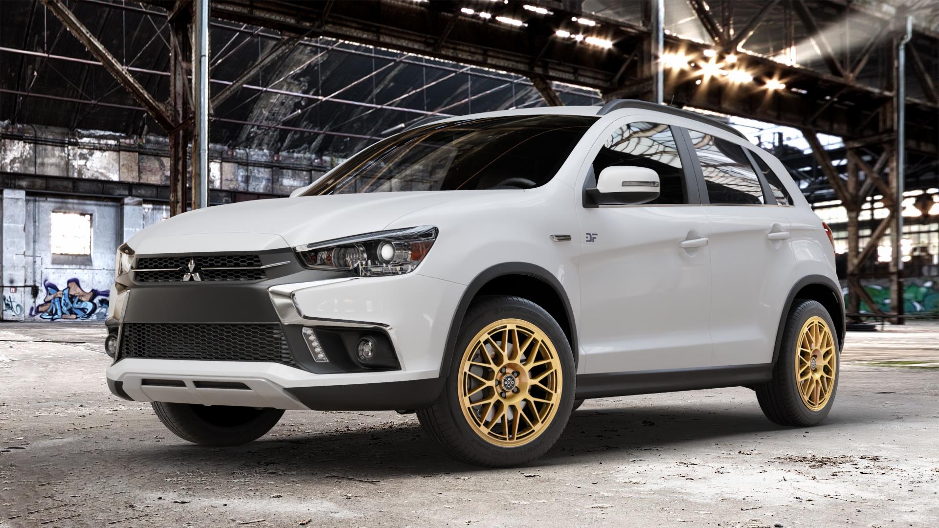 Fondmetal 9EVO GLOSSY GOLD Felge mit Reifen in 18Zoll Winterfelge Alufelge auf weissem Mitsubishi ASX Typ GA0 Facelift 16-> ⬇️ mit 15mm Tieferlegung ⬇️ Old Industrial Hall_max_4400mm_2024 Frontansicht_1