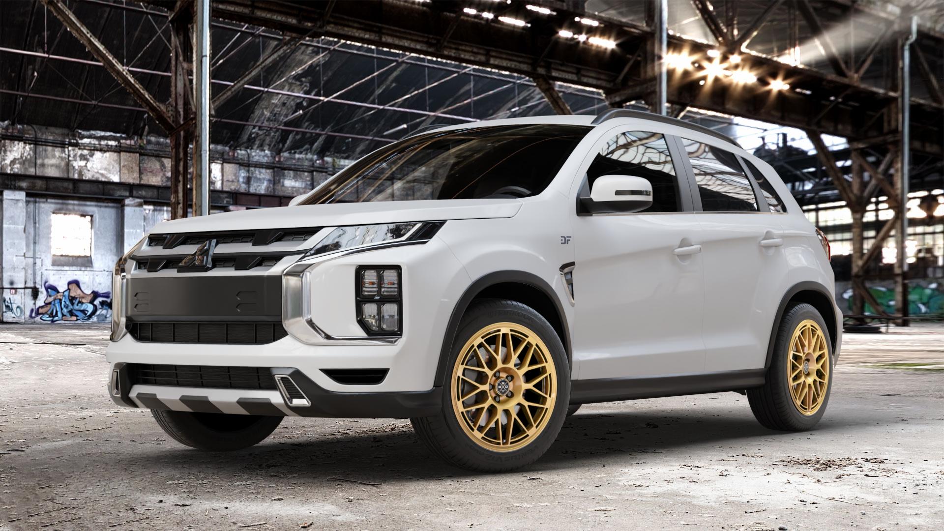 Fondmetal 9EVO GLOSSY GOLD Felge mit Reifen in 18Zoll Winterfelge Alufelge auf weissem Mitsubishi ASX Typ GA0 Facelift 19-> ⬇️ mit 15mm Tieferlegung ⬇️ Old Industrial Hall_max_4400mm_2024 Frontansicht_1