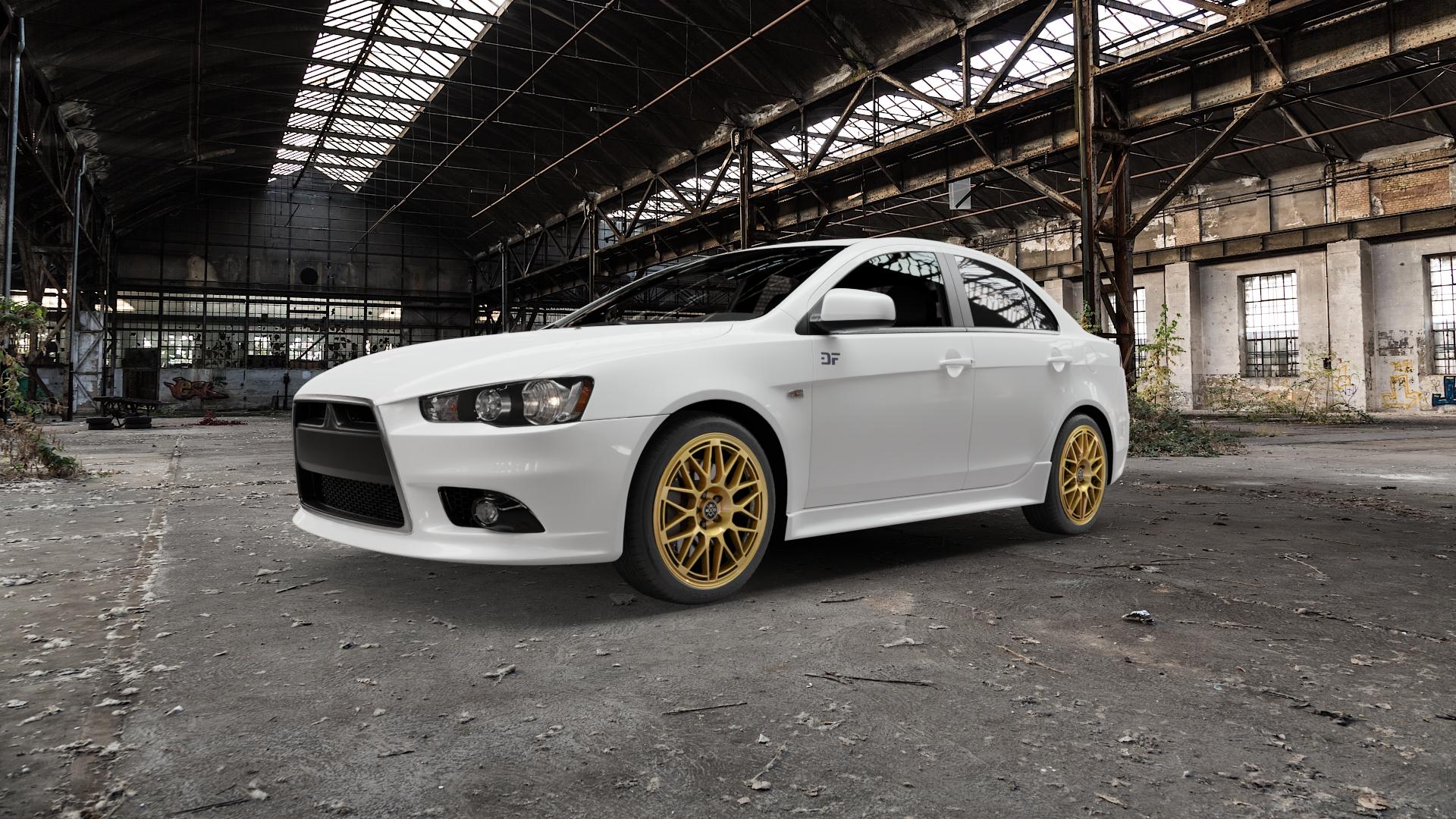 Fondmetal 9EVO GLOSSY GOLD Felge mit Reifen in 18Zoll Winterfelge Alufelge auf weissem Mitsubishi Lancer Typ CYO Stufenheck Sportback ⬇️ mit 15mm Tieferlegung ⬇️ Old Industrial Hall_max5000mm_2022 Frontansicht_1