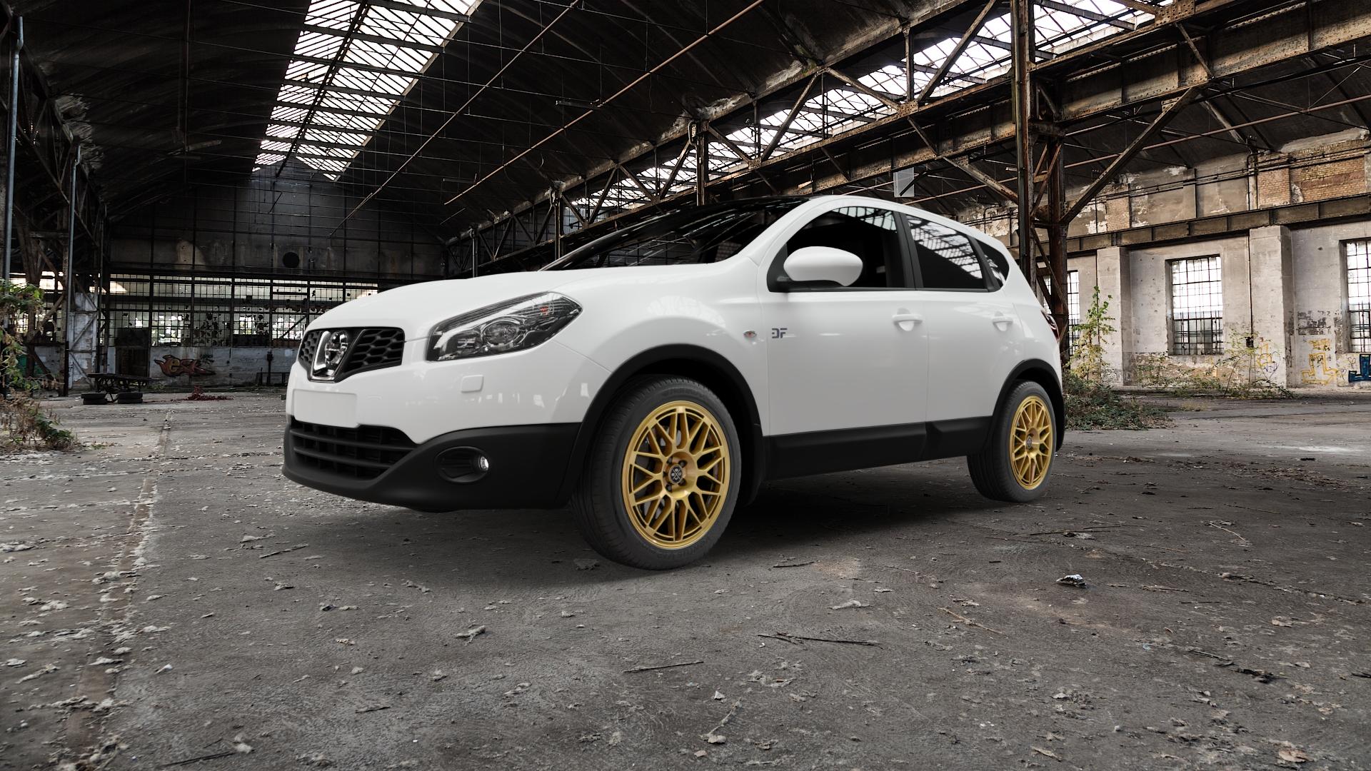 Fondmetal 9EVO GLOSSY GOLD Felge mit Reifen in 18Zoll Winterfelge Alufelge auf weissem Nissan Qashqai Typ J10 +2 ⬇️ mit 15mm Tieferlegung ⬇️ Old Industrial Hall_max5000mm_2022 Frontansicht_1