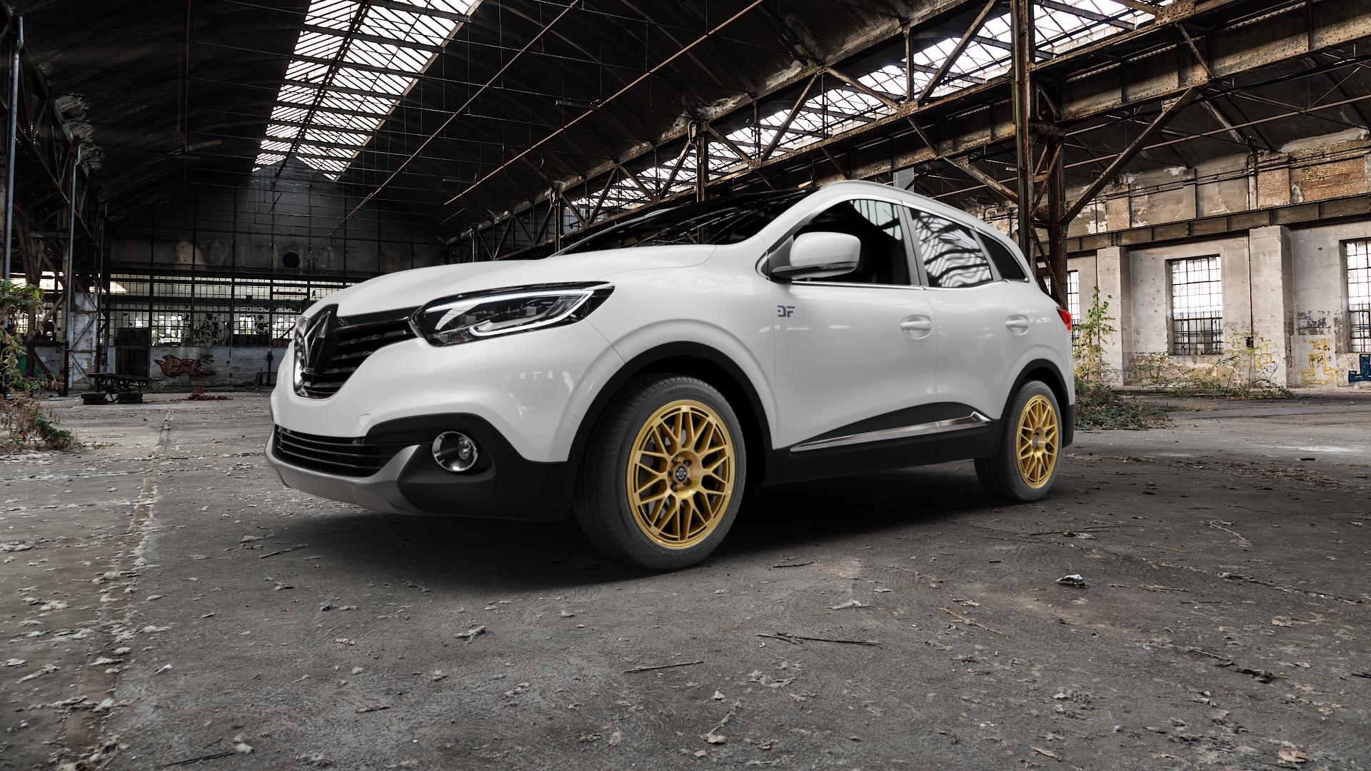 Fondmetal 9EVO GLOSSY GOLD Felge mit Reifen in 18Zoll Winterfelge Alufelge auf weissem Renault Kadjar Typ RFE ⬇️ mit 15mm Tieferlegung ⬇️ Old Industrial Hall_max5000mm_2022 Frontansicht_1
