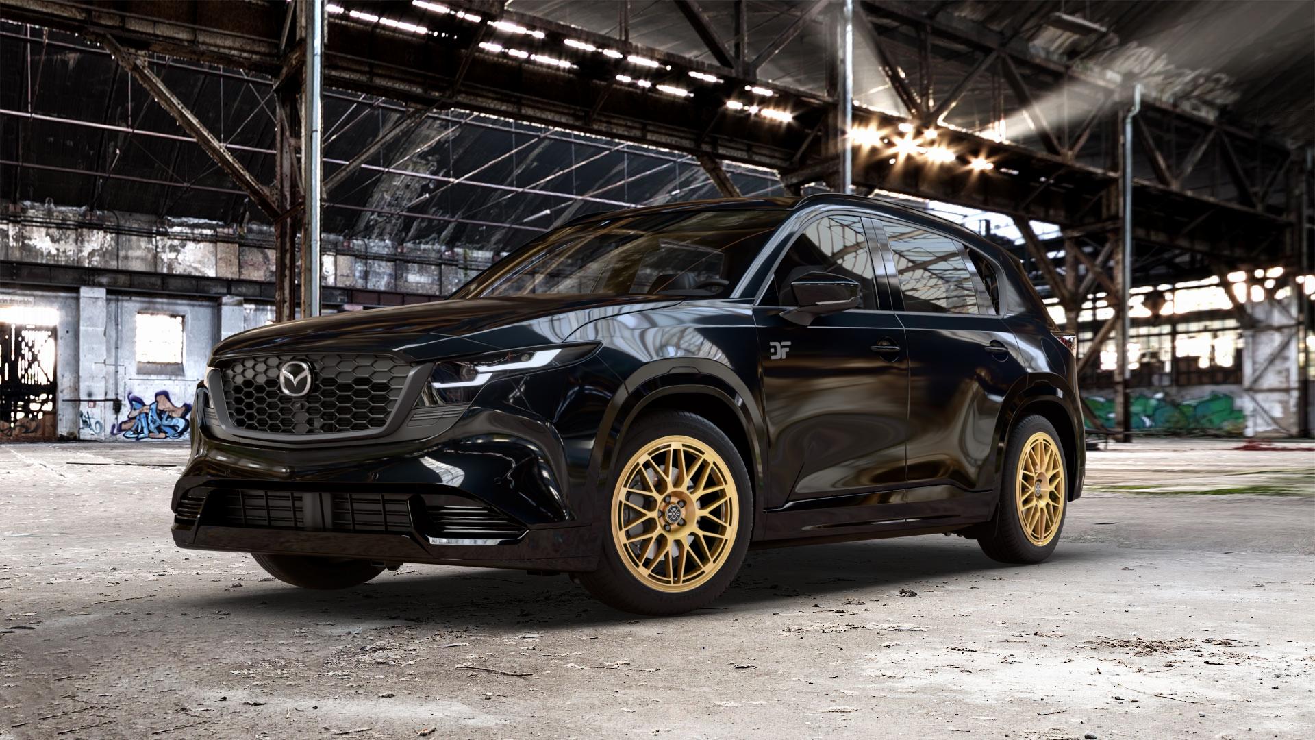 Fondmetal 9EVO GLOSSY GOLD Felge mit Reifen in 19Zoll Winterfelge Alufelge auf metallic schwarzem Mazda CX-5 Typ KM01 CX ⬇️ mit 15mm Tieferlegung ⬇️ Old Industrial Hall_max_5300mm_2024 Frontansicht_1