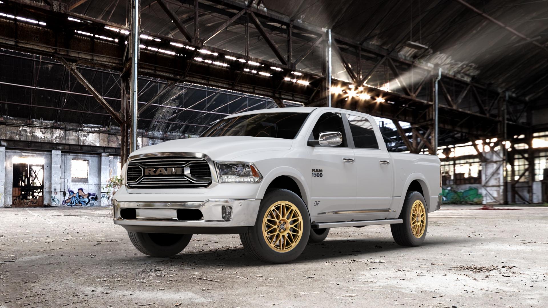 Fondmetal 9EVO GLOSSY GOLD Felge mit Reifen in 19Zoll Winterfelge Alufelge auf weissem Dodge RAM 1500 IV Typ DJ, DS ⬇️ mit 15mm Tieferlegung ⬇️ Old Industrial Hall_max_7000mm_2024 Frontansicht_1