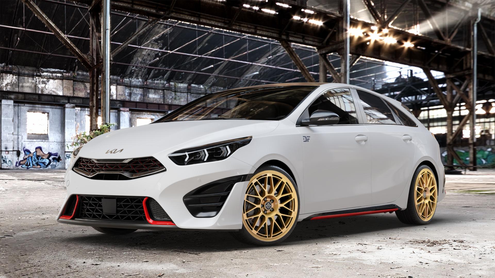 Fondmetal 9EVO GLOSSY GOLD Felge mit Reifen in 19Zoll Winterfelge Alufelge auf weissem Kia ProCeed Typ CD Facelift Pro Cee d ⬇️ mit 15mm Tieferlegung ⬇️ Old Industrial Hall_max_4400mm_2024 Frontansicht_1