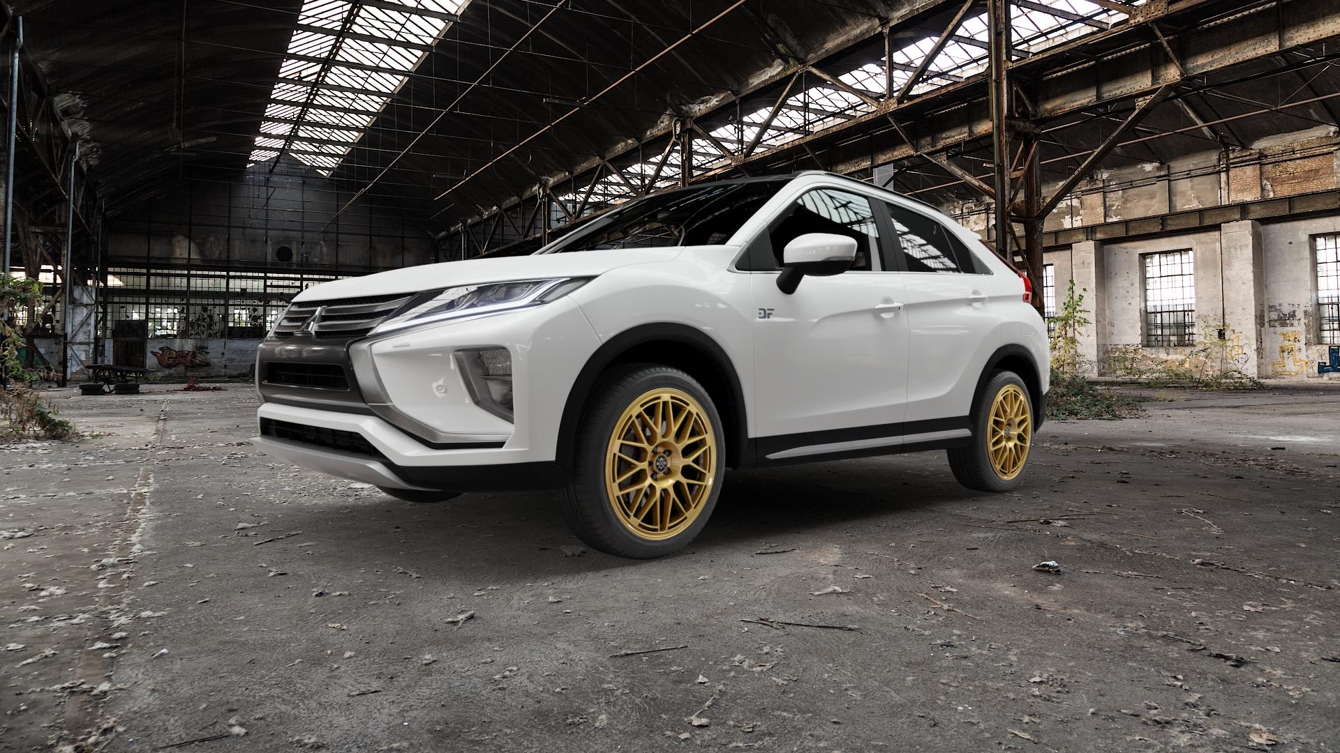 Fondmetal 9EVO GLOSSY GOLD Felge mit Reifen in 19Zoll Winterfelge Alufelge auf weissem Mitsubishi Eclipse Cross Typ GK0 ⬇️ mit 15mm Tieferlegung ⬇️ Old Industrial Hall_max5000mm_2022 Frontansicht_1