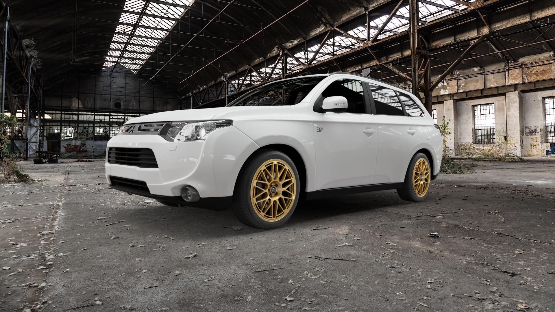 Fondmetal 9EVO GLOSSY GOLD Felge mit Reifen in 19Zoll Winterfelge Alufelge auf weissem Mitsubishi Outlander III Typ CWO Facelift 15-> 18-> ⬇️ mit 15mm Tieferlegung ⬇️ Old Industrial Hall_max5000mm_2022 Frontansicht_1