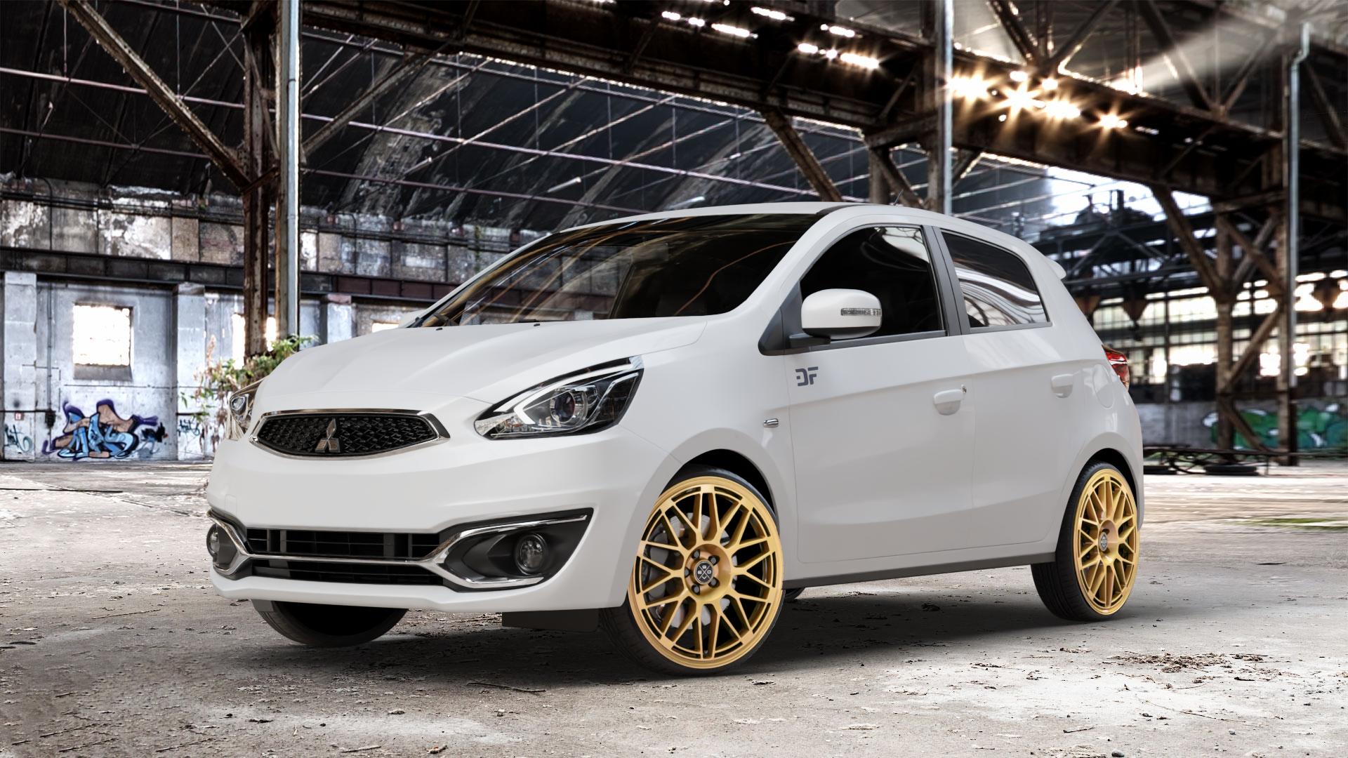 Fondmetal 9EVO GLOSSY GOLD Felge mit Reifen in 19Zoll Winterfelge Alufelge auf weissem Mitsubishi Space Star II Typ A00 Facelift ⬇️ mit 15mm Tieferlegung ⬇️ Old Industrial Hall_max_4400mm_2024 Frontansicht_1