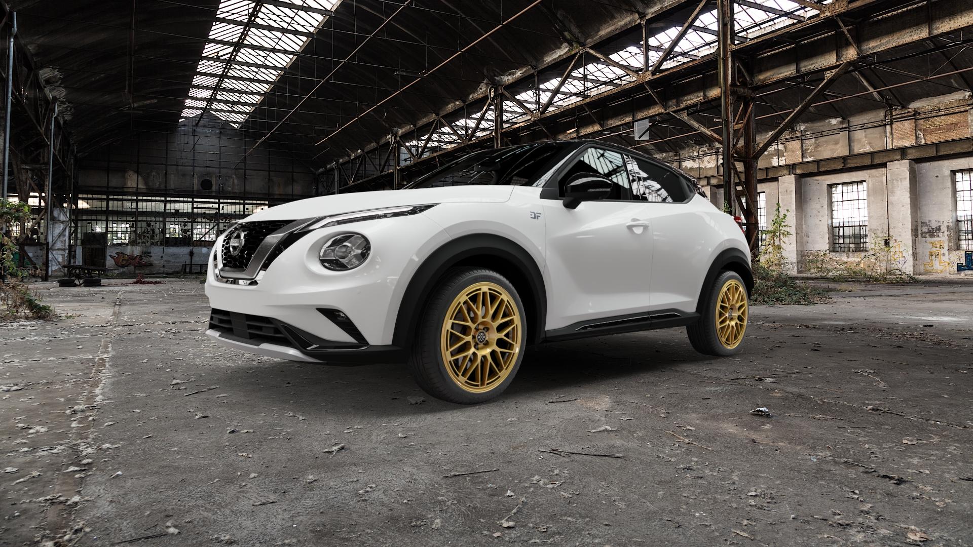 Fondmetal 9EVO GLOSSY GOLD Felge mit Reifen in 19Zoll Winterfelge Alufelge auf weissem Nissan Juke Typ F16 1,0l DIG-T 117 86kW (117 PS) Facelift ⬇️ mit 15mm Tieferlegung ⬇️ Old Industrial Hall_max5000mm_2022 Frontansicht_1