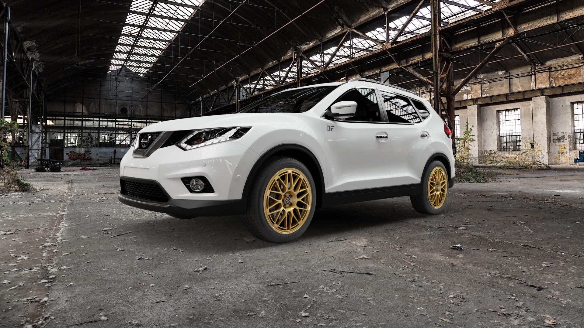Fondmetal 9EVO GLOSSY GOLD Felge mit Reifen in 19Zoll Winterfelge Alufelge auf weissem Nissan X-Trail Typ T32 ⬇️ mit 15mm Tieferlegung ⬇️ Old Industrial Hall_max5000mm_2022 Frontansicht_1