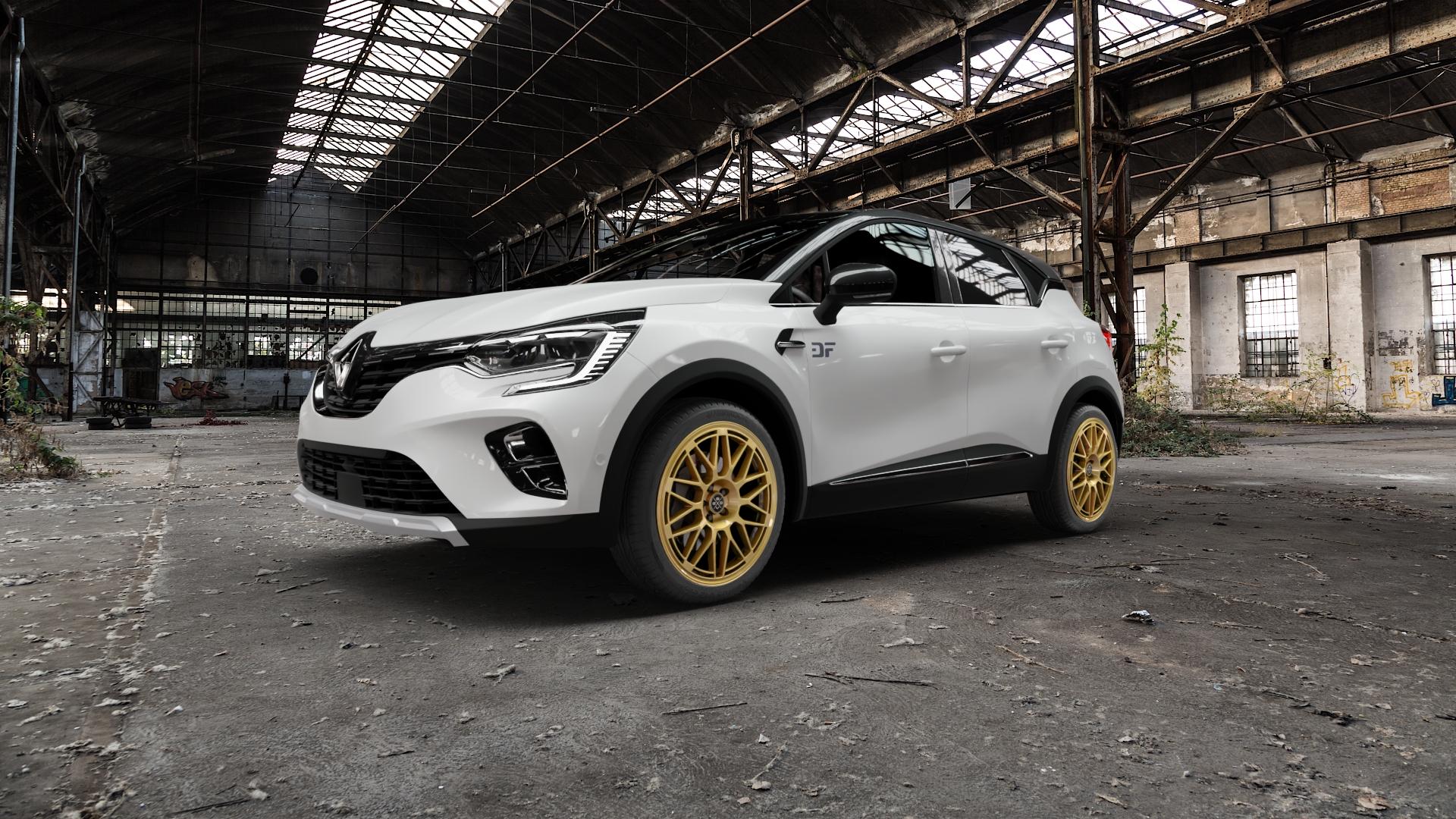 Fondmetal 9EVO GLOSSY GOLD Felge mit Reifen in 19Zoll Winterfelge Alufelge auf weissem Renault Captur Typ RJB 1,3l TCe 155 113kW (154 PS) 1,5l dCi 95 70kW (95 1,0l 100 74kW (101 115 85kW (116 130 96kW (131 ⬇️ mit 15mm Tieferlegung ⬇️ Old Industrial Hall_max5000mm_2022 Frontansicht_1