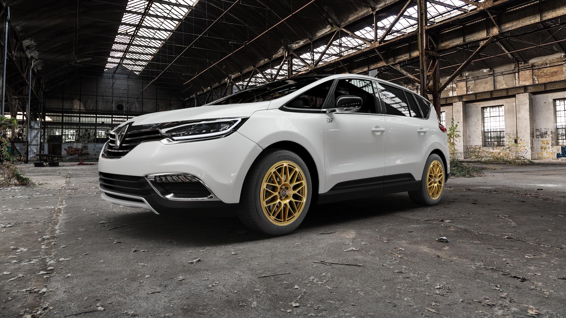 Fondmetal 9EVO GLOSSY GOLD Felge mit Reifen in 19Zoll Winterfelge Alufelge auf weissem Renault Espace V Typ RFC ⬇️ mit 15mm Tieferlegung ⬇️ Old Industrial Hall_max5000mm_2022 Frontansicht_1