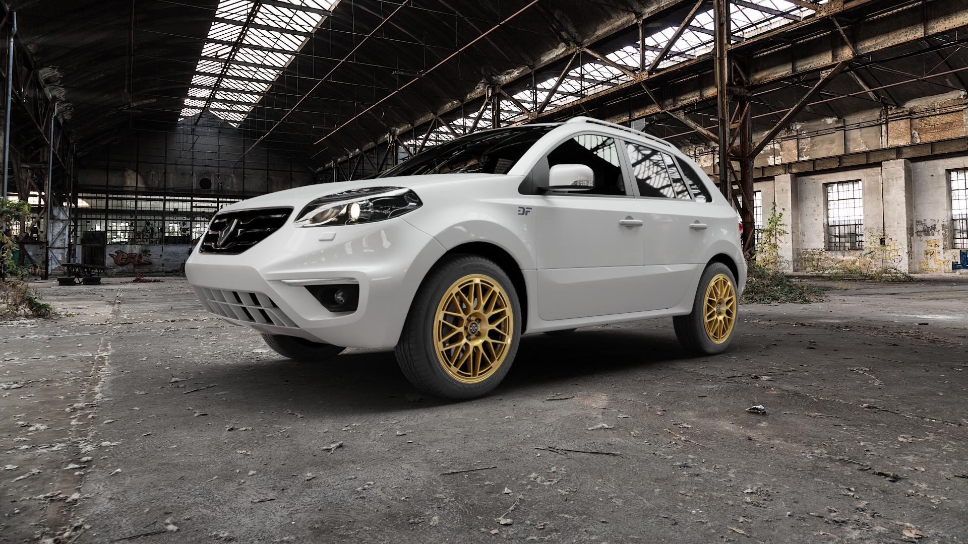 Fondmetal 9EVO GLOSSY GOLD Felge mit Reifen in 19Zoll Winterfelge Alufelge auf weissem Renault Koleos I Typ Y ⬇️ mit 15mm Tieferlegung ⬇️ Old Industrial Hall_max5000mm_2022 Frontansicht_1