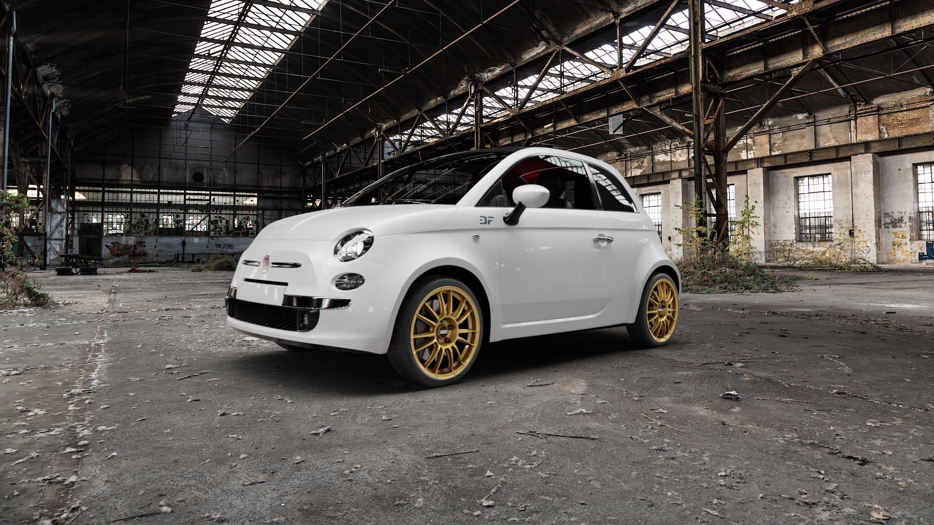 Fondmetal 9RR GLOSSY GOLD Felge mit Reifen in 17Zoll Winterfelge Alufelge auf weissem Fiat 500 Typ 312 Cabrio Facelift ⬇️ mit 15mm Tieferlegung ⬇️ Old Industrial Hall_max5000mm_2022 Frontansicht_1