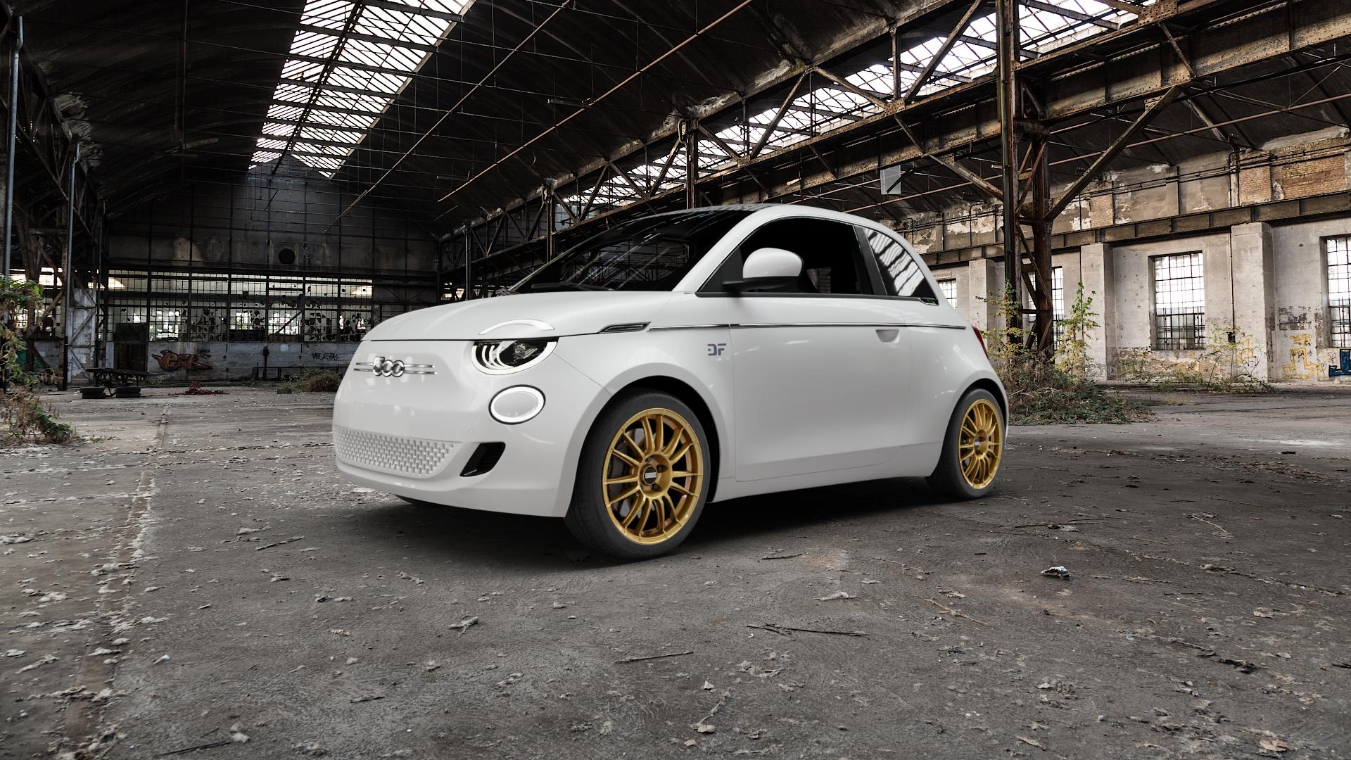 Fondmetal 9RR GLOSSY GOLD Felge mit Reifen in 17Zoll Winterfelge Alufelge auf weissem Fiat 500e Typ FA1 Cabrio ⬇️ mit 15mm Tieferlegung ⬇️ Old Industrial Hall_max5000mm_2022 Frontansicht_1