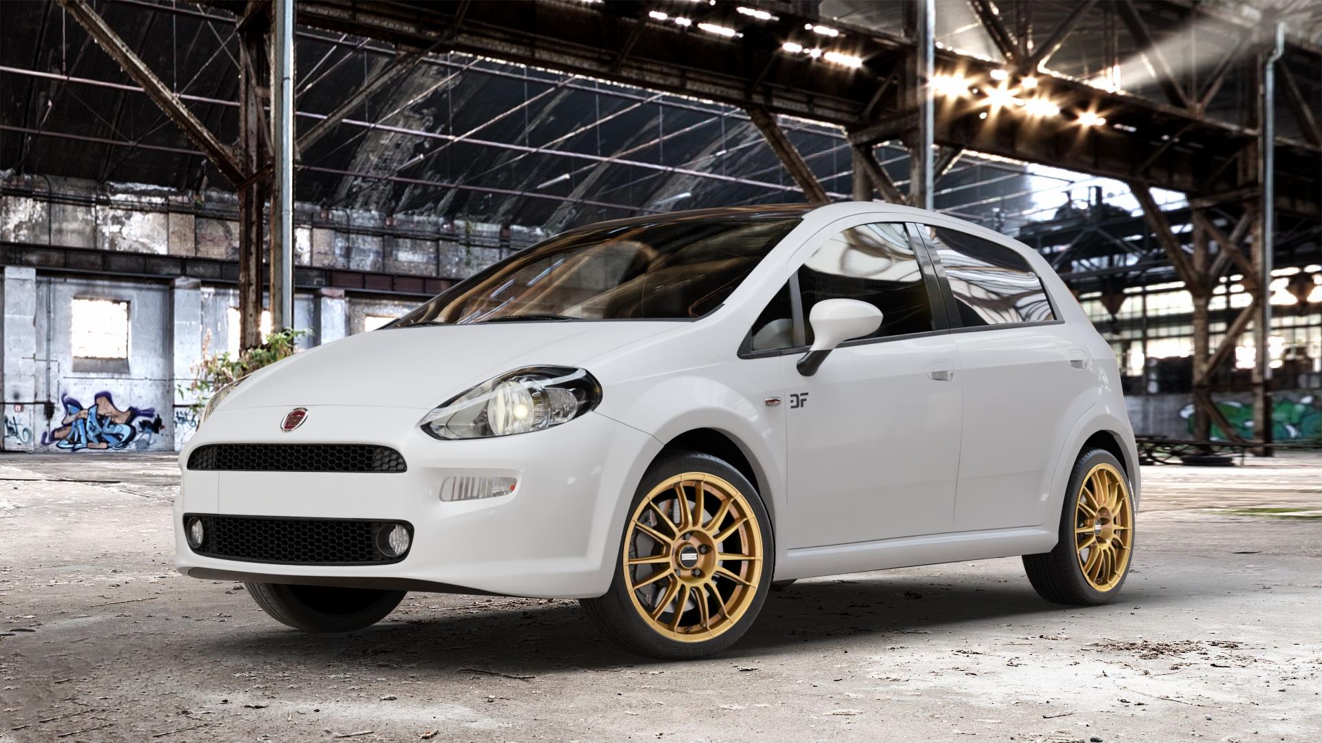 Fondmetal 9RR GLOSSY GOLD Felge mit Reifen in 17Zoll Winterfelge Alufelge auf weissem Fiat Punto / Grande Typ 199 (12->) ⬇️ mit 15mm Tieferlegung ⬇️ Old Industrial Hall_max_4400mm_2024 Frontansicht_1