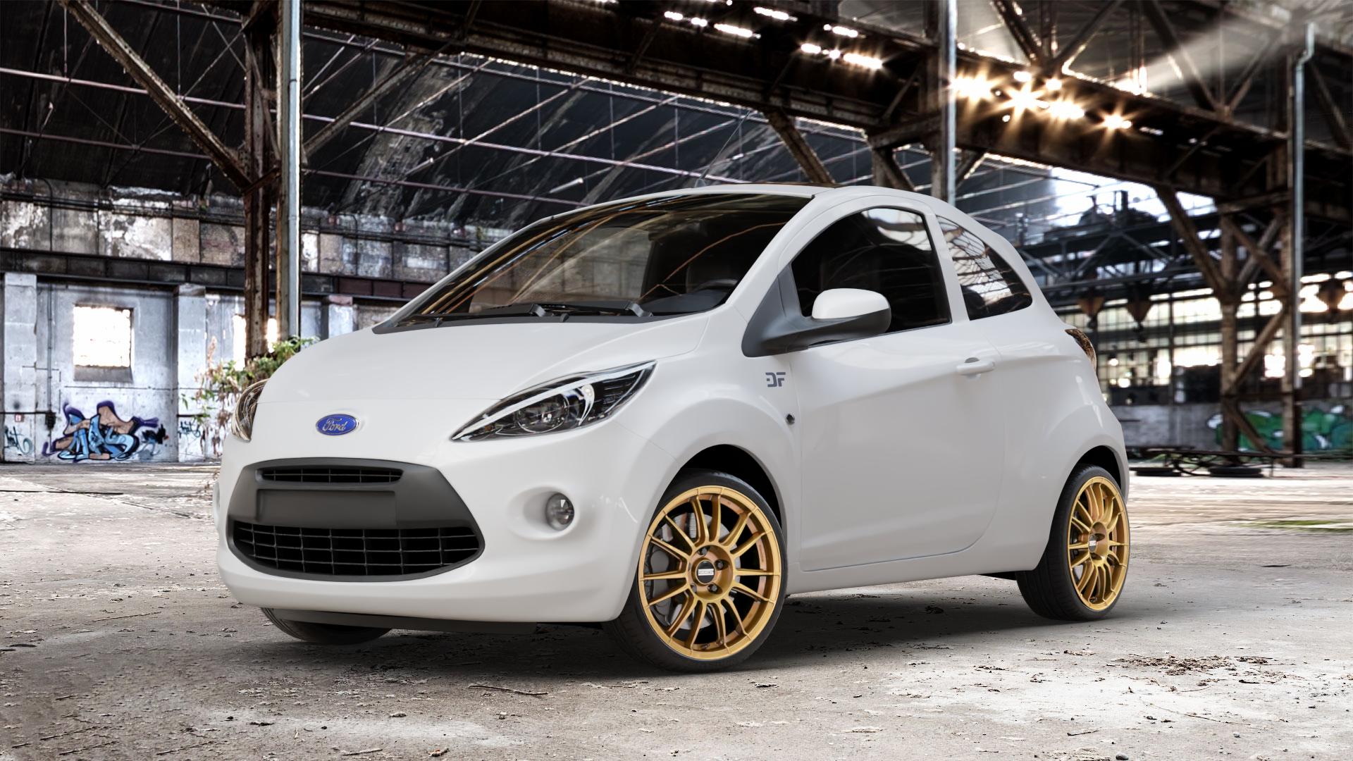Fondmetal 9RR GLOSSY GOLD Felge mit Reifen in 17Zoll Winterfelge Alufelge auf weissem Ford KA Typ RU8 ⬇️ mit 15mm Tieferlegung ⬇️ Old Industrial Hall_max_4400mm_2024 Frontansicht_1