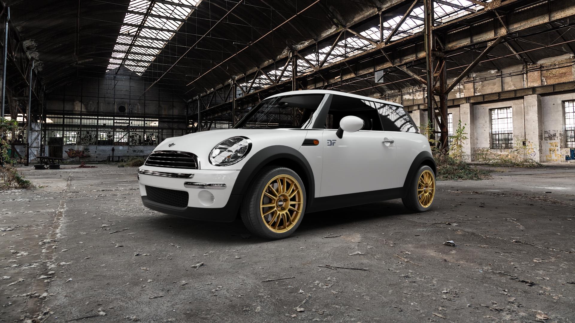 Fondmetal 9RR GLOSSY GOLD Felge mit Reifen in 17Zoll Winterfelge Alufelge auf weissem Mini R50/53 Typ MINI, MINI-N (Limousine) ⬇️ mit 15mm Tieferlegung ⬇️ Old Industrial Hall_max5000mm_2022 Frontansicht_1