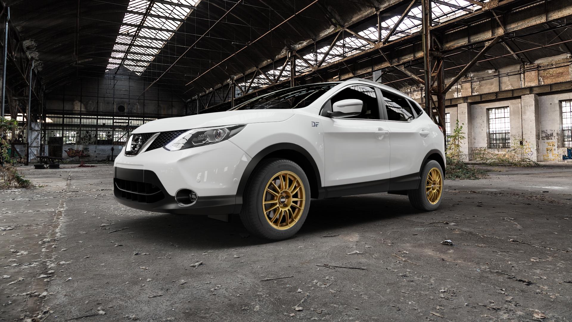 Fondmetal 9RR GLOSSY GOLD Felge mit Reifen in 17Zoll Winterfelge Alufelge auf weissem Nissan Qashqai Typ J11 Facelift ⬇️ mit 15mm Tieferlegung ⬇️ Old Industrial Hall_max5000mm_2022 Frontansicht_1