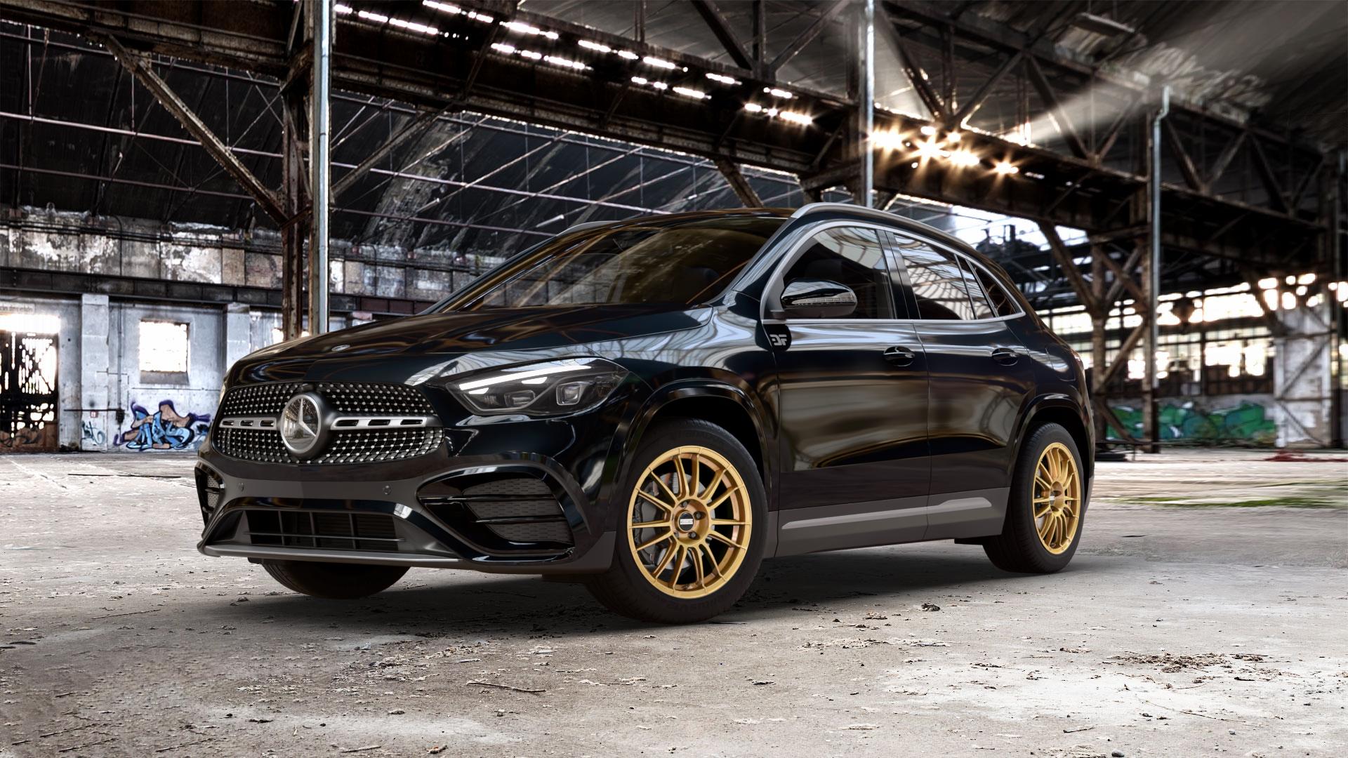 Fondmetal 9RR GLOSSY GOLD Felge mit Reifen in 18Zoll Winterfelge Alufelge auf schwarzem metallic Mercedes GLA-Klasse Typ F2B Facelift ⬇️ mit 15mm Tieferlegung ⬇️ Old Industrial Hall_max_5300mm_2024 Frontansicht_1