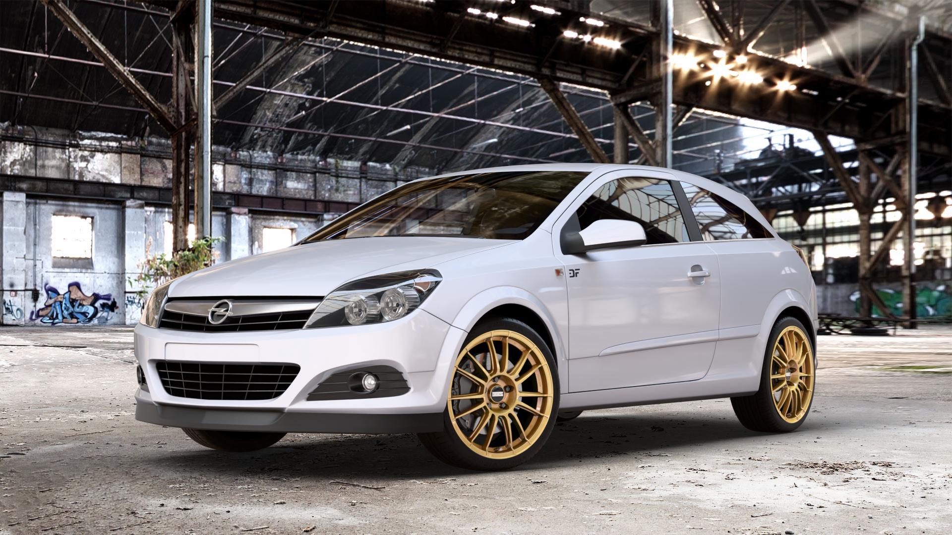 Fondmetal 9RR GLOSSY GOLD Felge mit Reifen in 18Zoll Winterfelge Alufelge auf Weiss Uni Opel Astra H GTC Typ A-H/C ⬇️ mit 15mm Tieferlegung ⬇️ Old Industrial Hall_max_4400mm_2024 Frontansicht_1