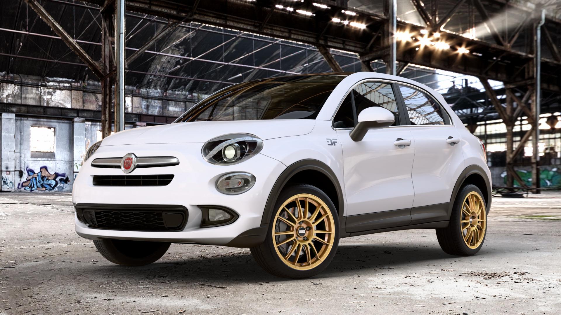 Fondmetal 9RR GLOSSY GOLD Felge mit Reifen in 18Zoll Winterfelge Alufelge auf weissem Fiat 500 X City Off-Road Typ 334 Facelift ⬇️ mit 15mm Tieferlegung ⬇️ Old Industrial Hall_max_4400mm_2024 Frontansicht_1