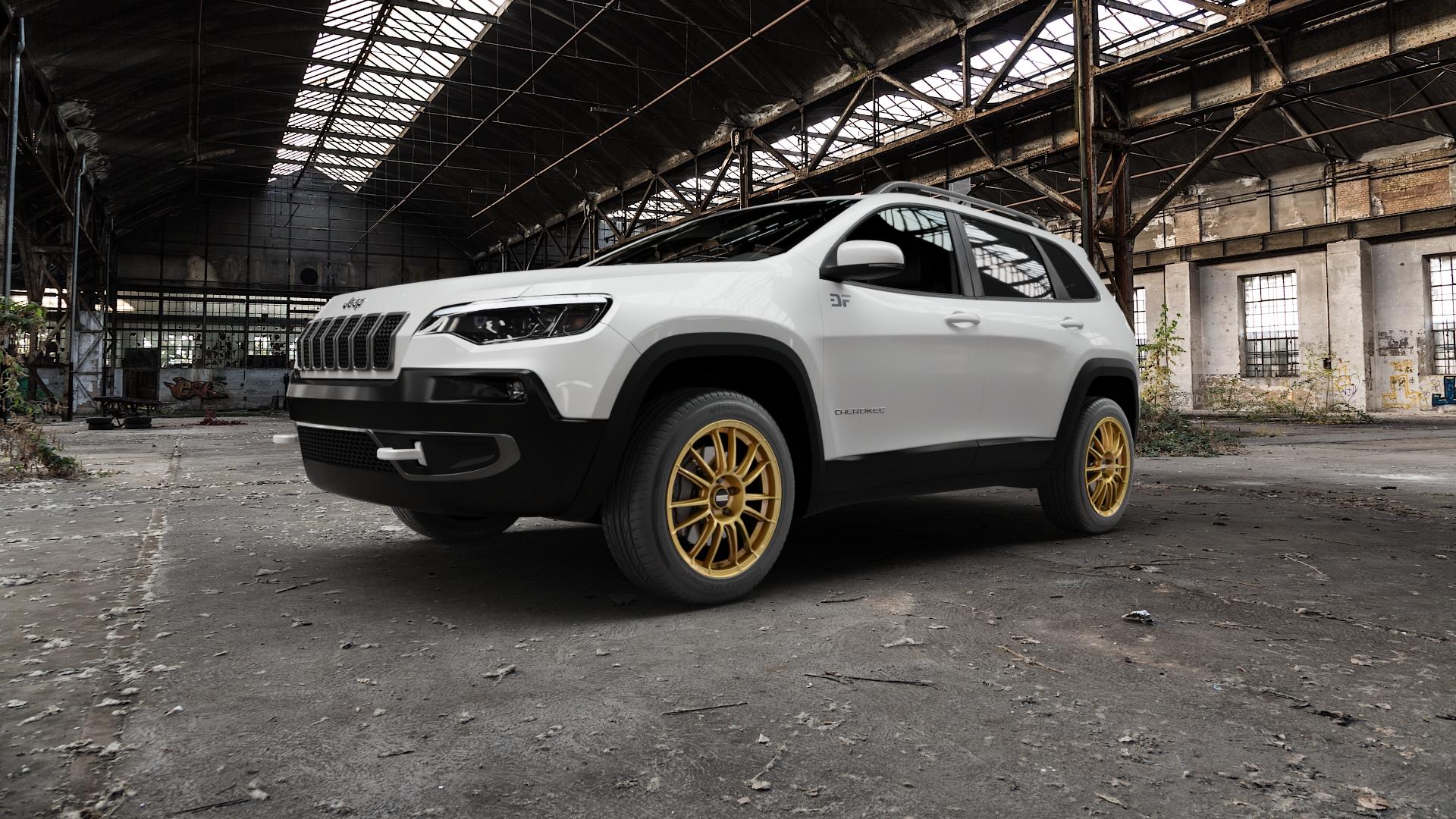 Fondmetal 9RR GLOSSY GOLD Felge mit Reifen in 18Zoll Winterfelge Alufelge auf weissem Jeep Cherokee Typ KL Facelift ⬇️ mit 15mm Tieferlegung ⬇️ Old Industrial Hall_max5000mm_2022 Frontansicht_1