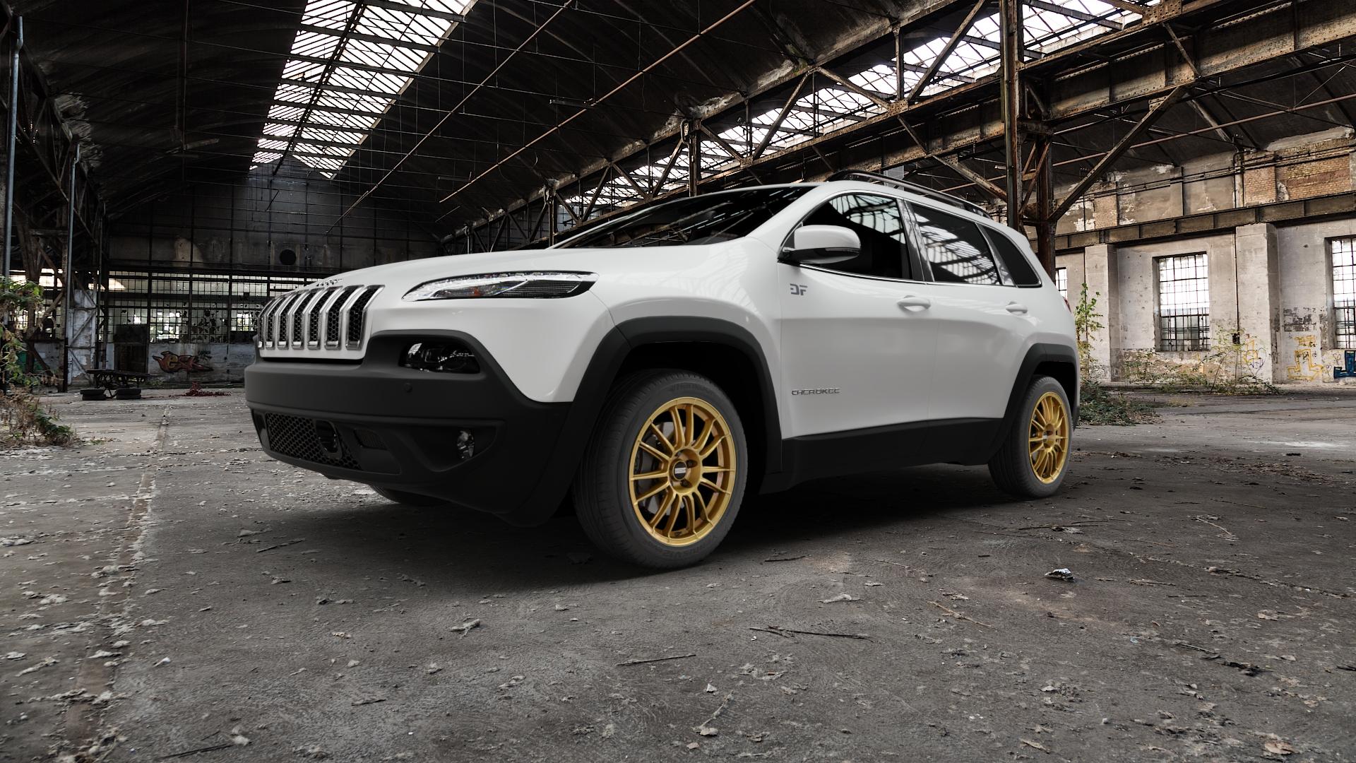 Fondmetal 9RR GLOSSY GOLD Felge mit Reifen in 18Zoll Winterfelge Alufelge auf weissem Jeep Cherokee Typ KL Trailhawk ⬇️ mit 15mm Tieferlegung ⬇️ Old Industrial Hall_max5000mm_2022 Frontansicht_1