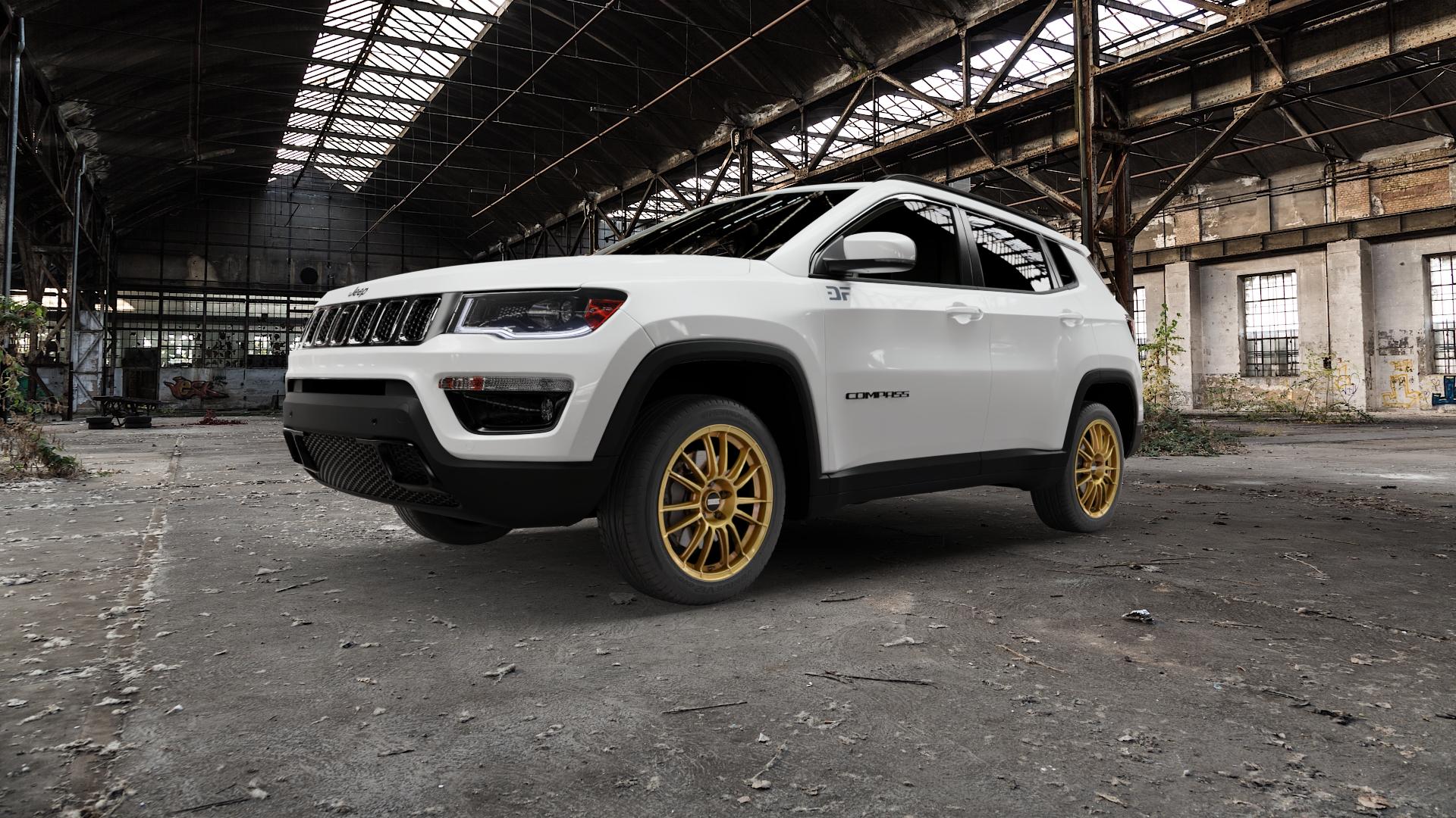 Fondmetal 9RR GLOSSY GOLD Felge mit Reifen in 18Zoll Winterfelge Alufelge auf weissem Jeep Compass III Typ MX ⬇️ mit 15mm Tieferlegung ⬇️ Old Industrial Hall_max5000mm_2022 Frontansicht_1
